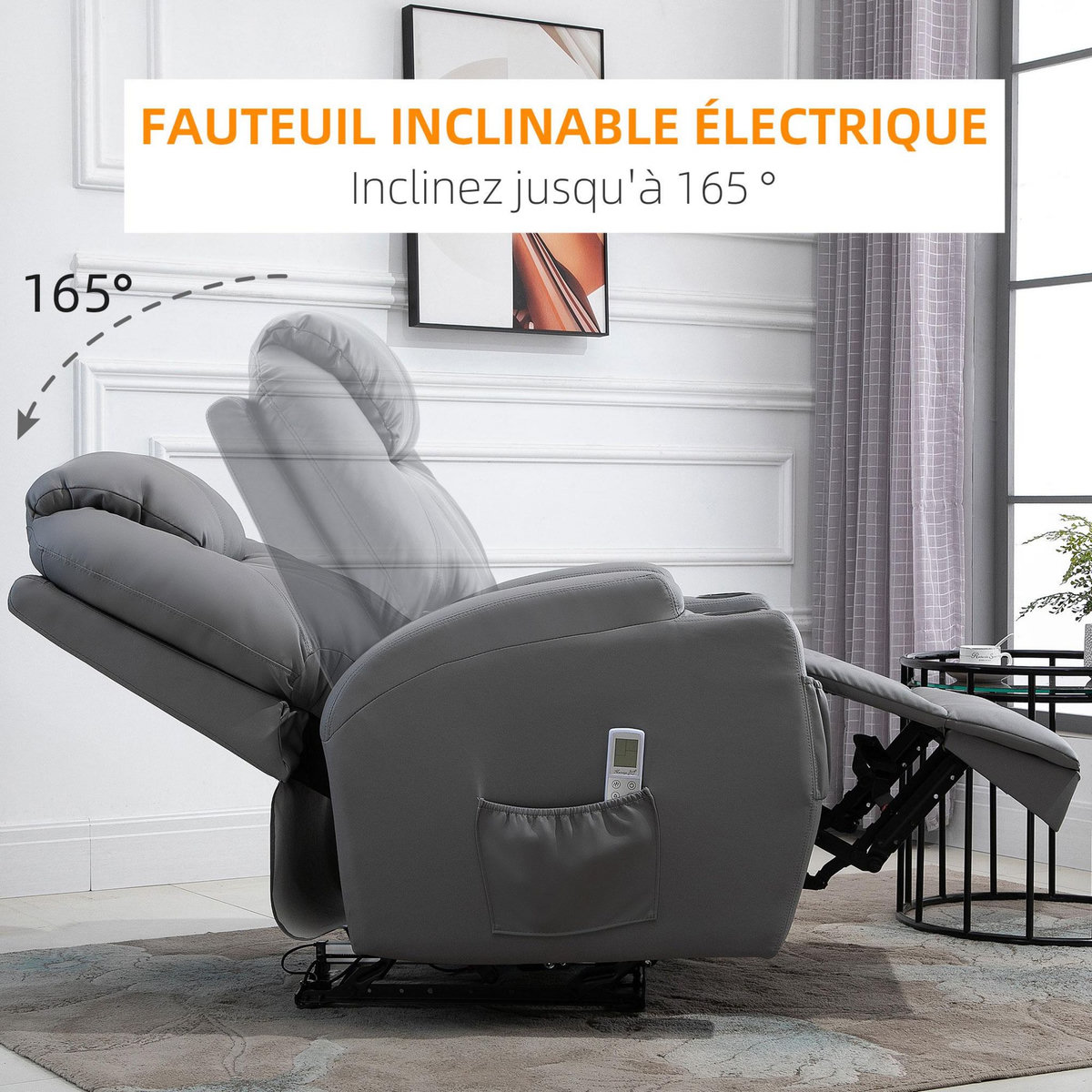 HOMCOM Fauteuil luxe de relaxation et massage inclinaison dossier repose-pied électrique revêtement synthétique gris