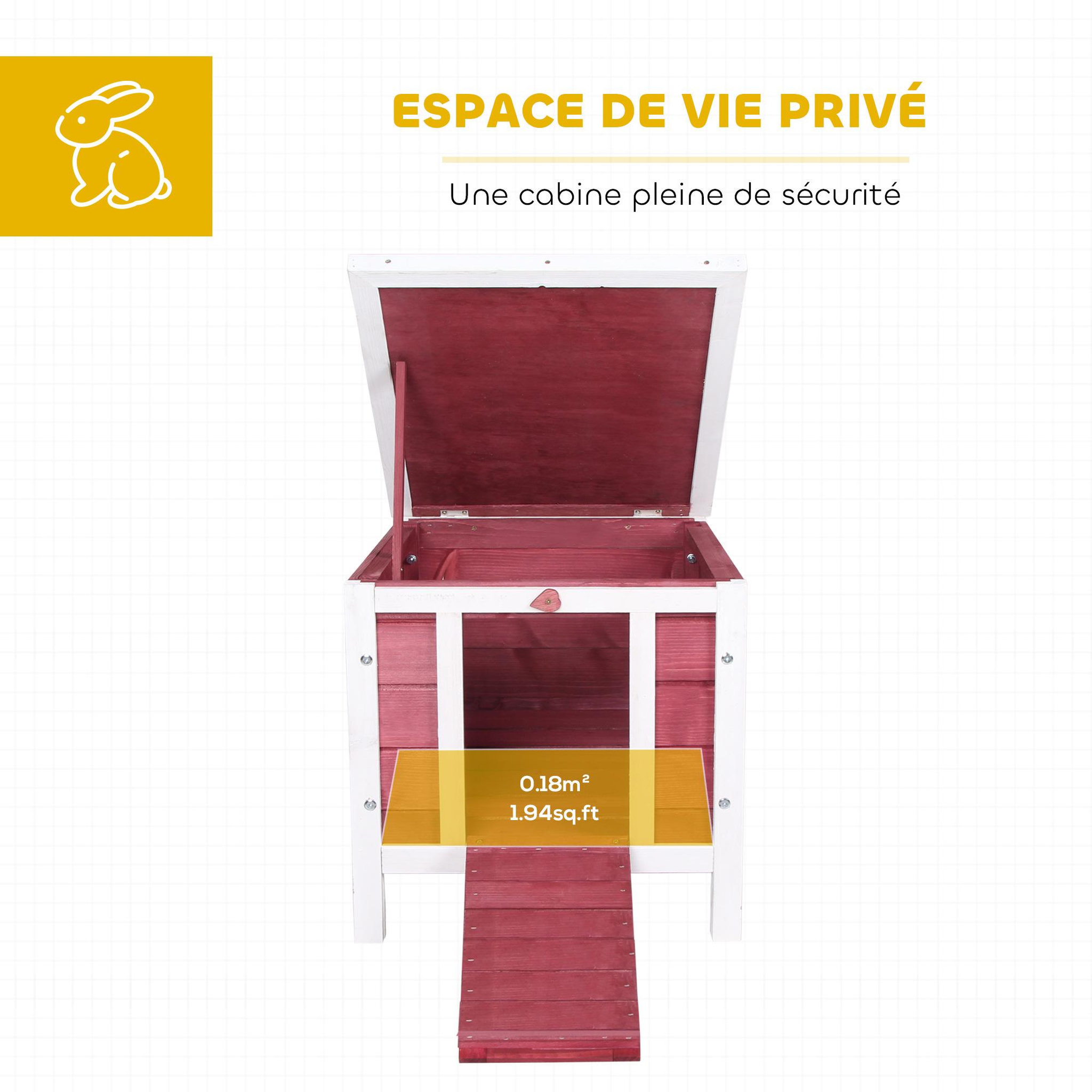 Voir la diapositive 6 : PAWHUT Clapier lapin niche sur pied - rampe porte verrouillable, toit ouvrant bitumé incliné - bois rouge blanc