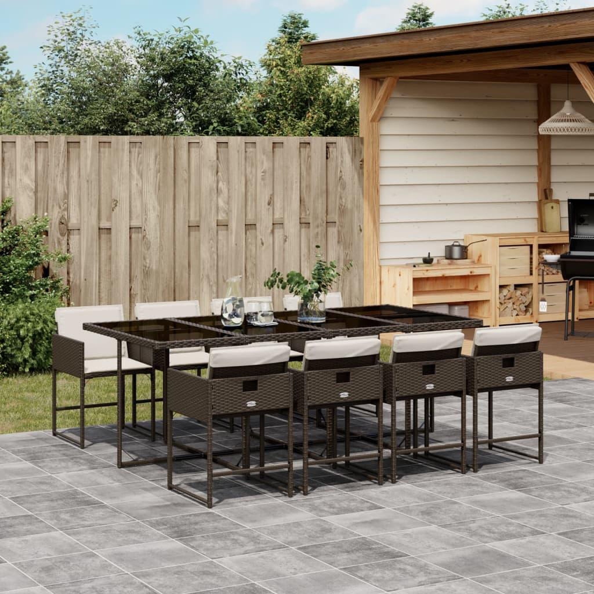Voir la diapositive 1 : VIDAXL Ensemble a manger de jardin et coussins 9 pcs marron poly rotin
