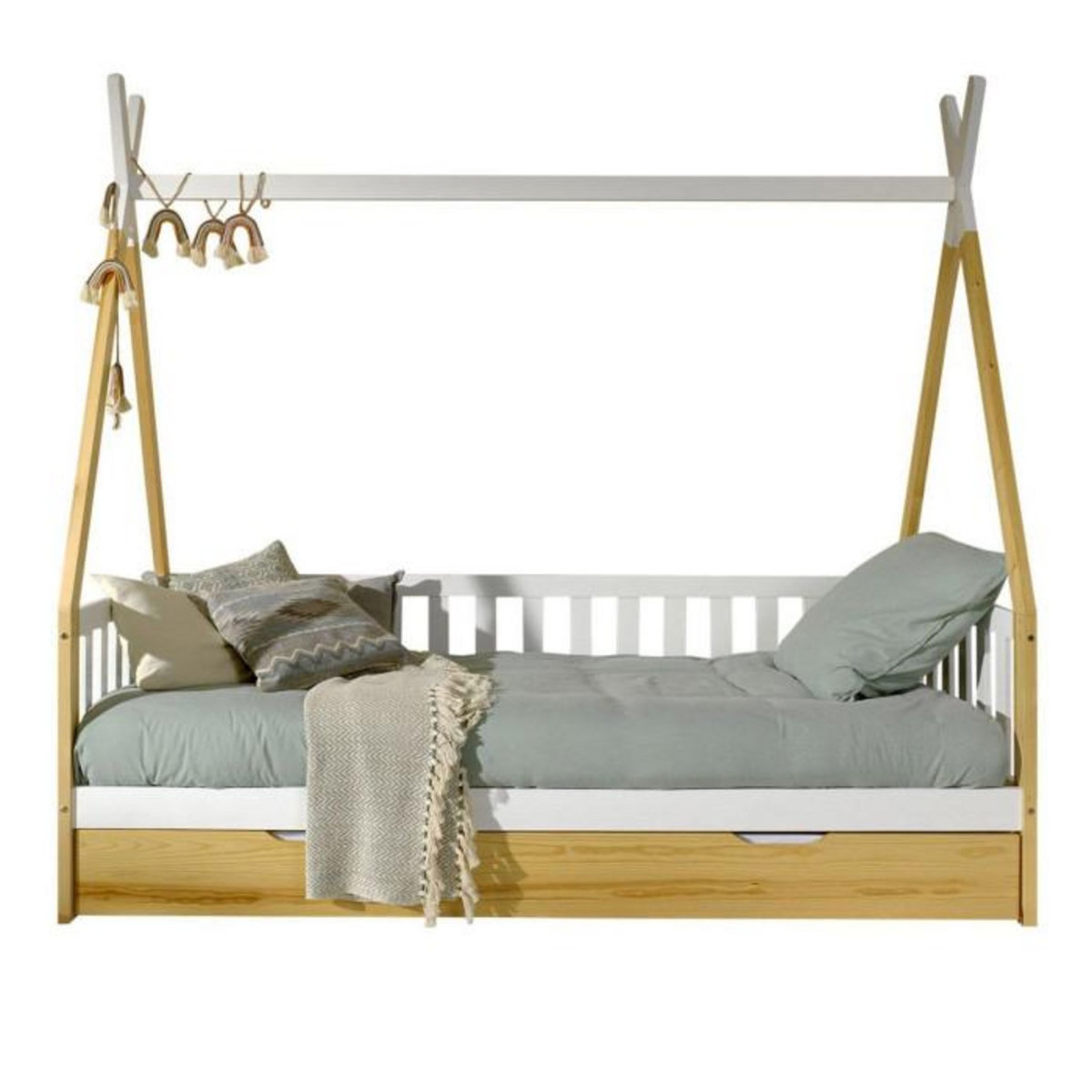 Paris Prix Lit Enfant, Barrière & Tiroir  Tipi  90x200cm Blanc & Naturel