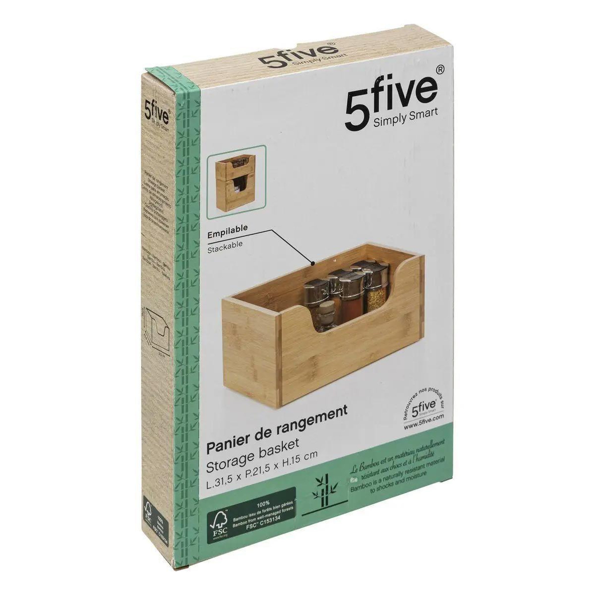Voir la diapositive 2 : FIVE Panier de Rangement Empilable  Bambou  31cm Beige