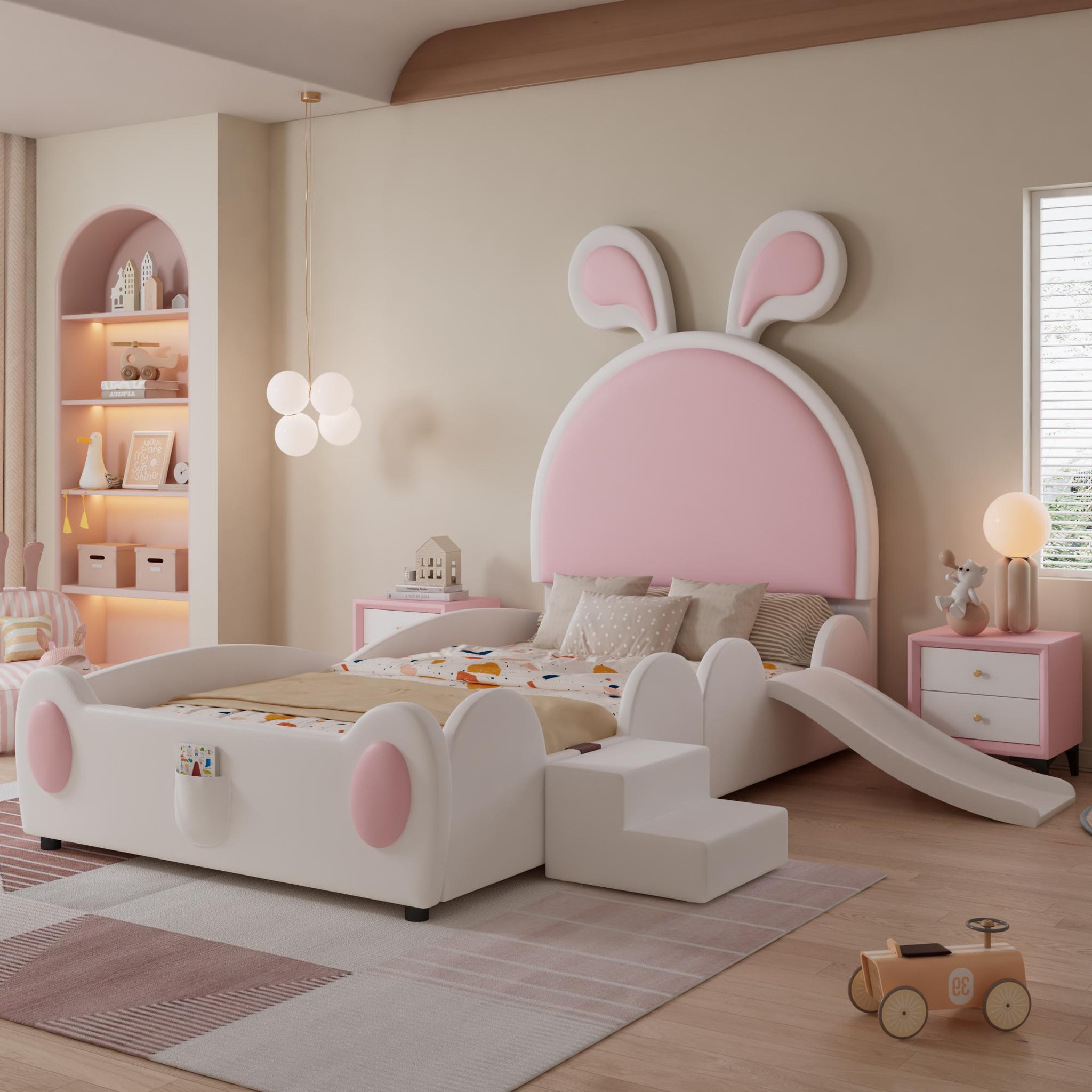 Voir la diapositive 5 : MERAX Lit simple enfant rembourré 90x200cm pu coloris blanc+rose