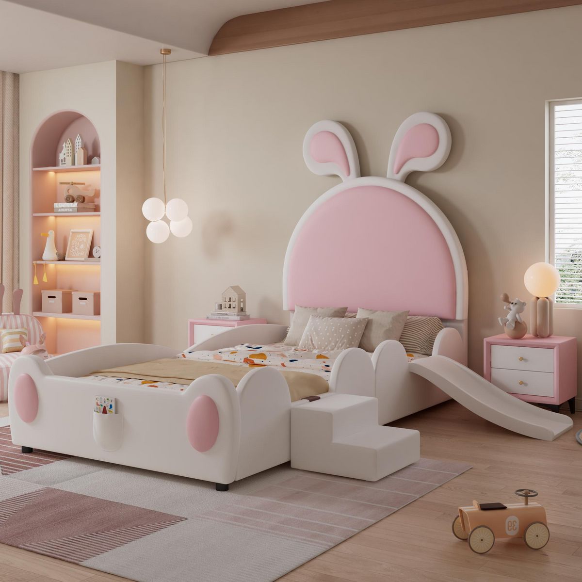 MERAX Lit simple enfant rembourré 90x200cm pu coloris blanc+rose