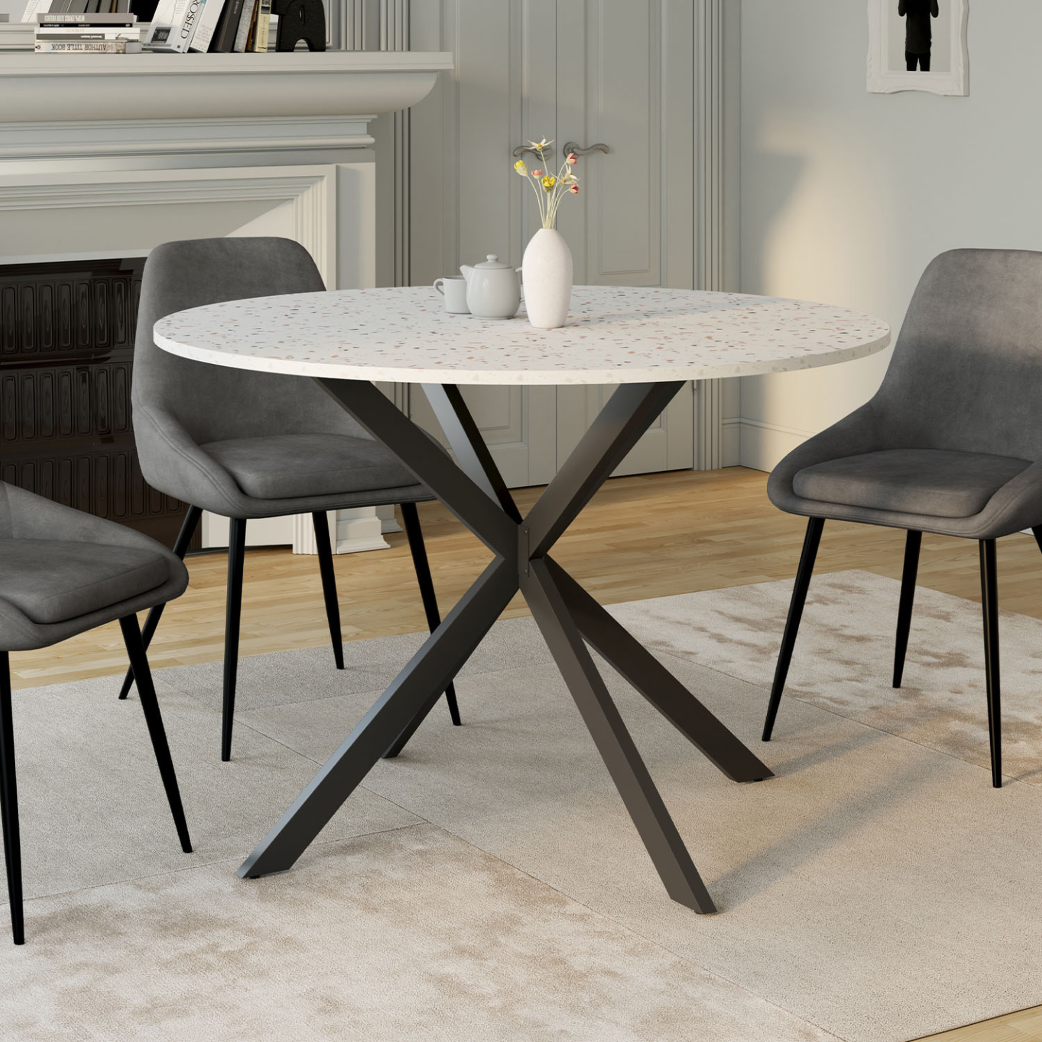 Voir la diapositive 2 : ID MARKET Table à manger ronde alix 6 personnes pied araignée noir plateau effet terrazzo simone  110 cm