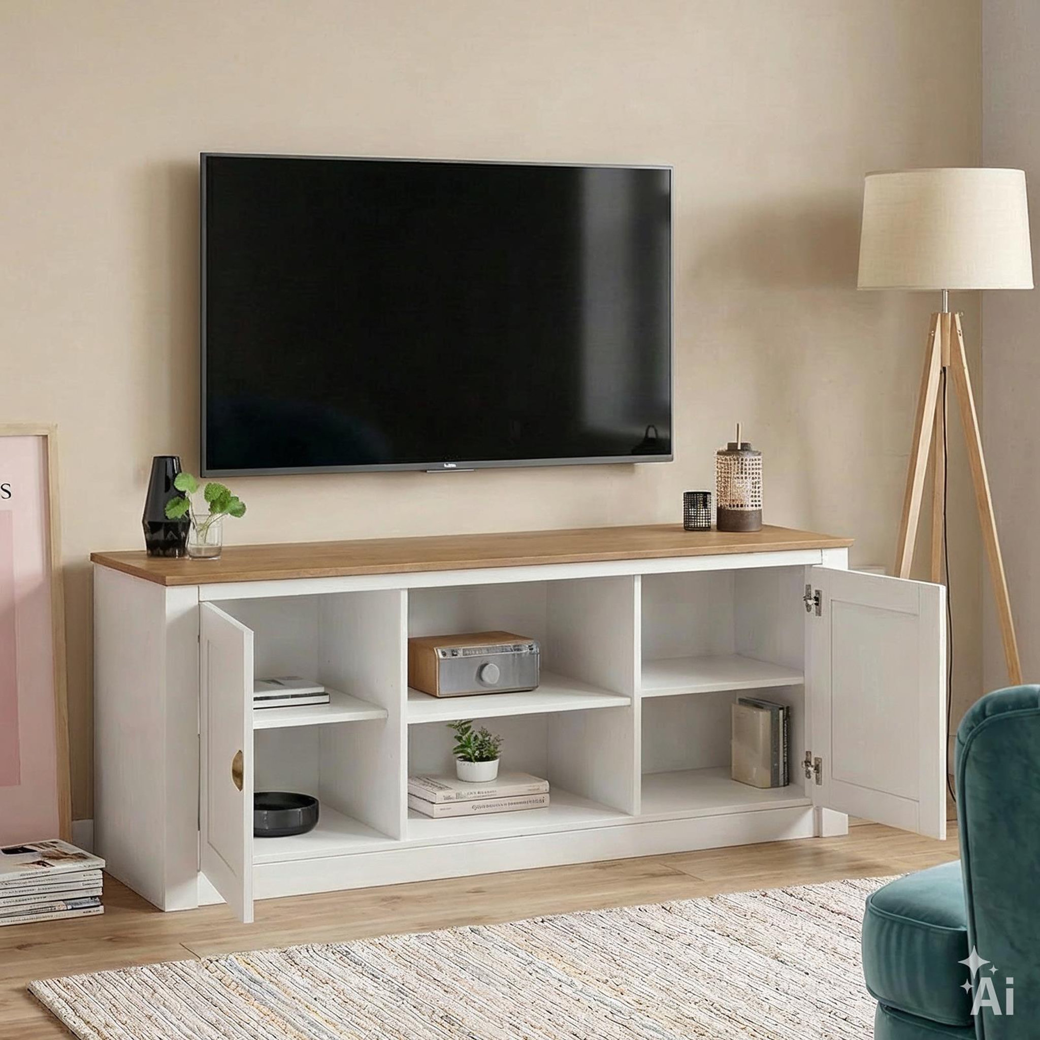 Voir la diapositive 3 : IDIMEX Meuble TV BOLTON 2 portes et 2 niches, en pin massif