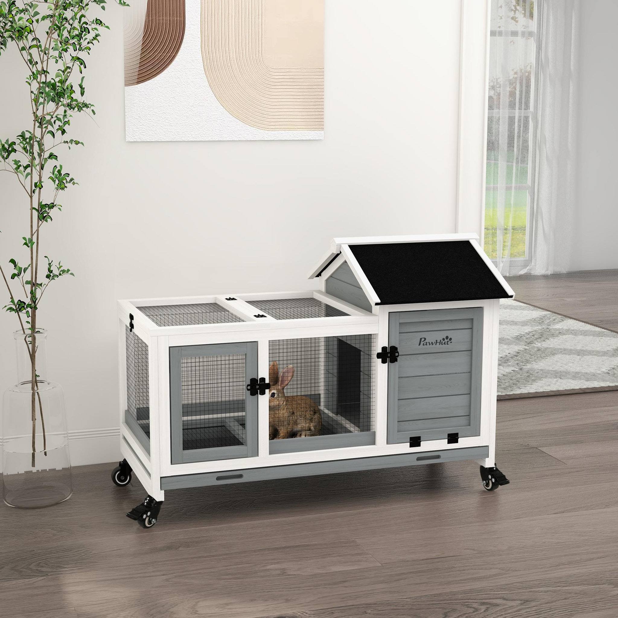 Voir la diapositive 4 : PAWHUT Clapier à lapin sur roulettes cage à lapin porte, rampe trappe verrouillables toit ouvrant niche bois sapin acier gris blanc