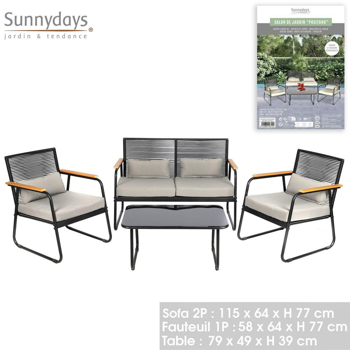 SUNNYDAYS Salon de jardin Capri en résine et métal - 4 places