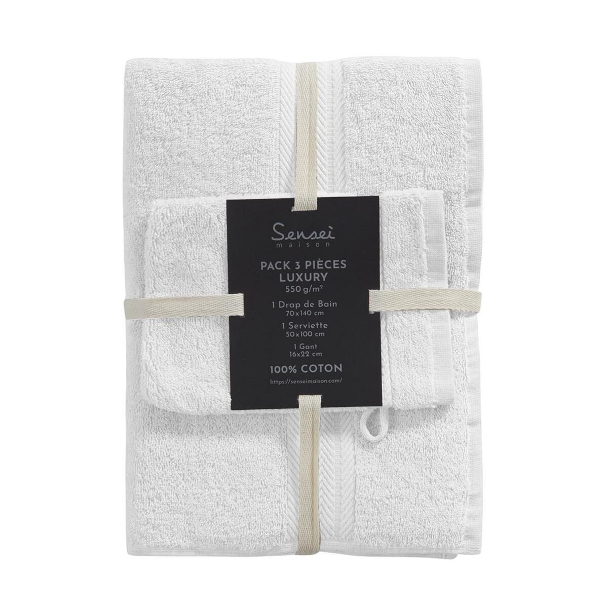 Sensei Maison Ensemble de bain 3 pièces (1 drap de bain + 1 serviette de toilette + 1 gant) LUXURY