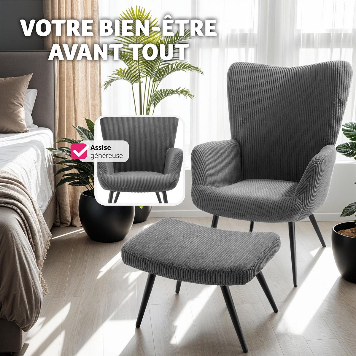 tectake Fauteuil rembourré Velours côtelé large anthracite/noir
