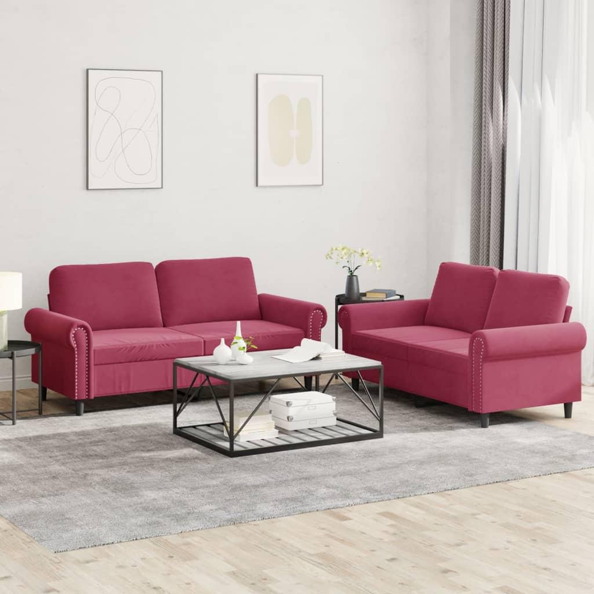 VIDAXL Ensemble de canapes 2 pcs avec coussins Rouge bordeaux Velours