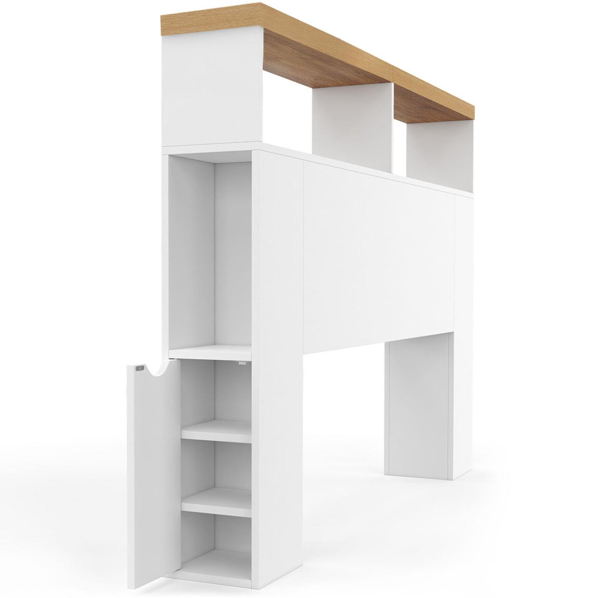 Voir la diapositive 6 : ID MARKET Tête de lit sur pied luna à leds 145 cm avec rangements fermés et niches blanc et plateau effet bois
