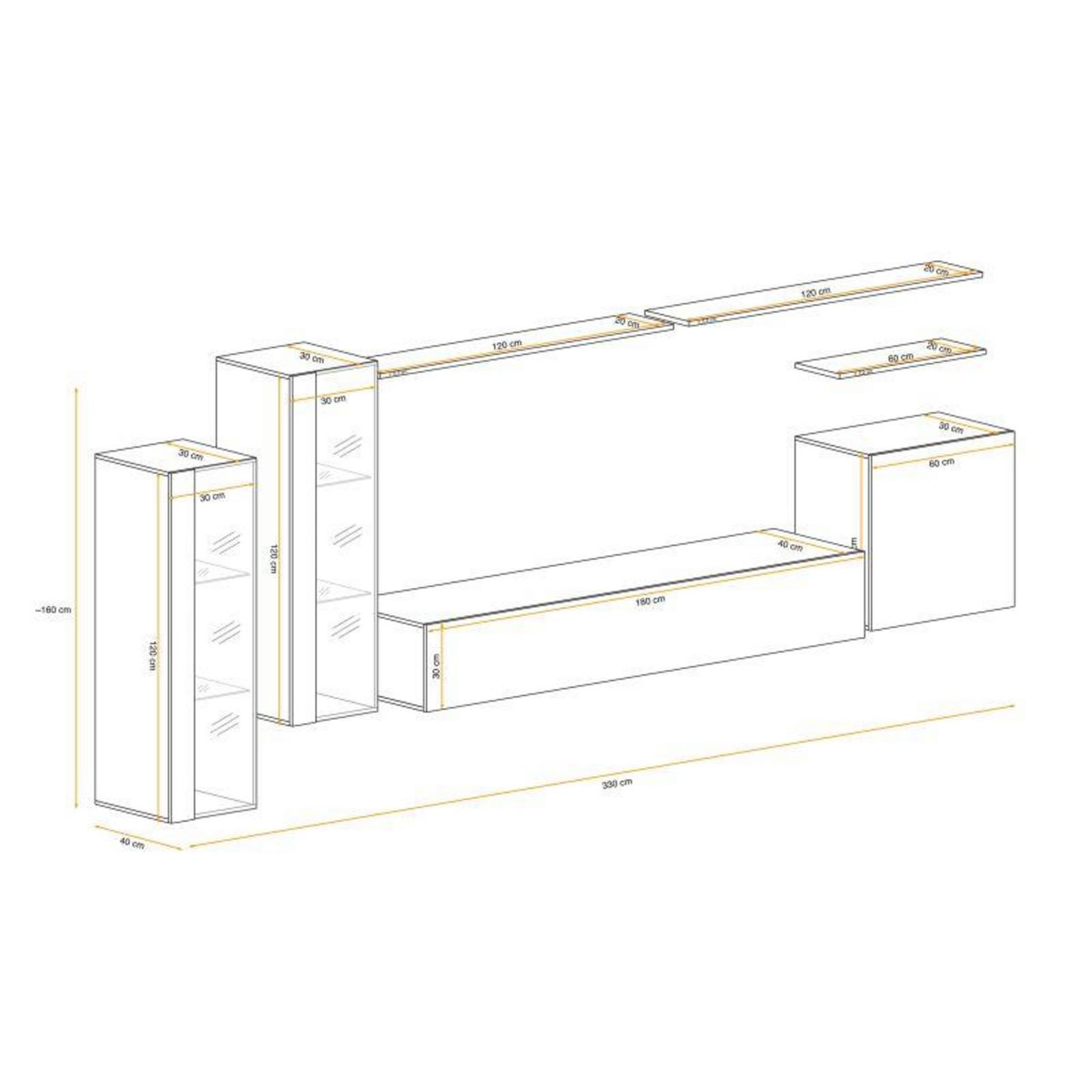 Paris Prix Meuble TV Mural Design  Switch XI  330cm Blanc & Gris