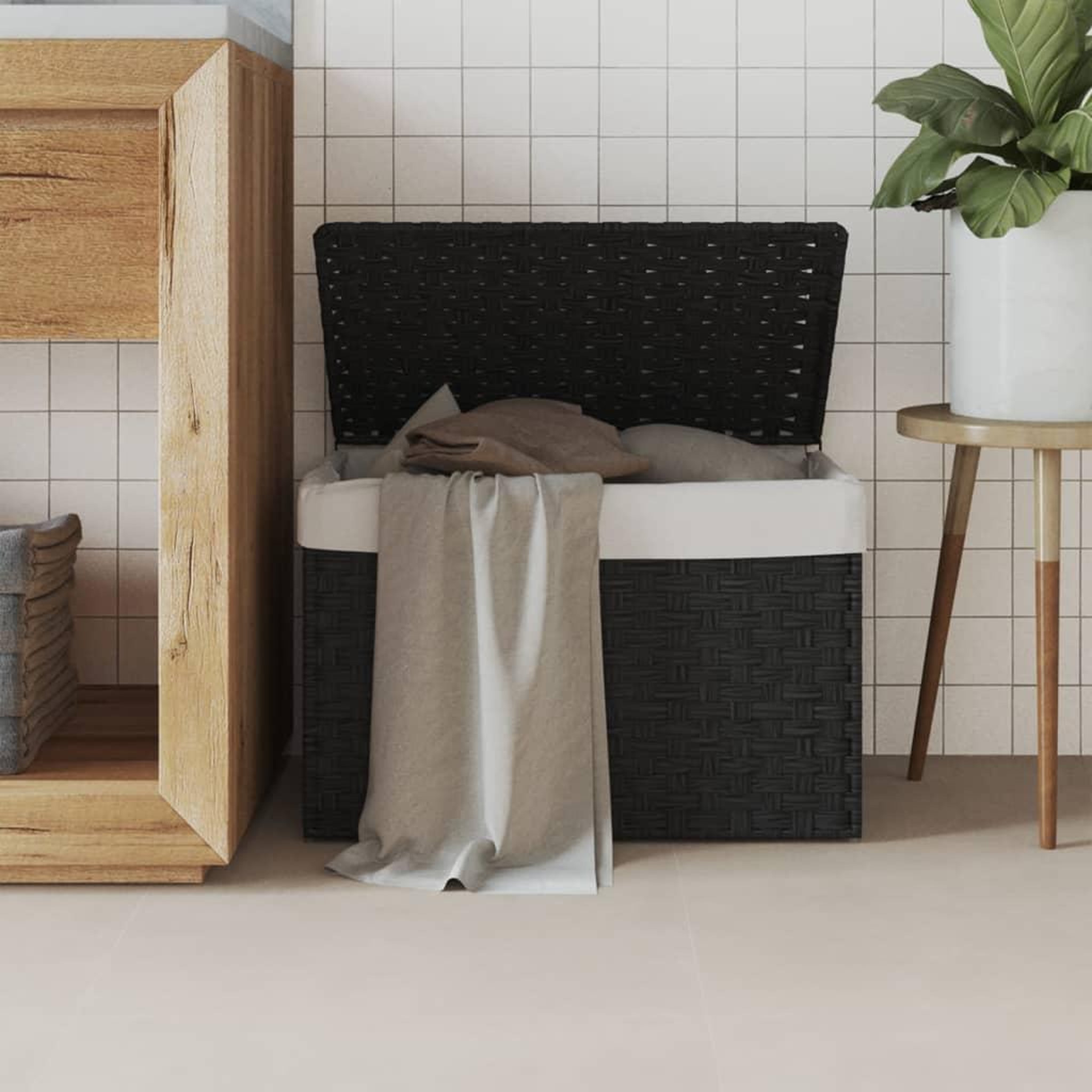 VIDAXL Panier a linge avec couvercle noir 55,5x35x34 cm resine tressee