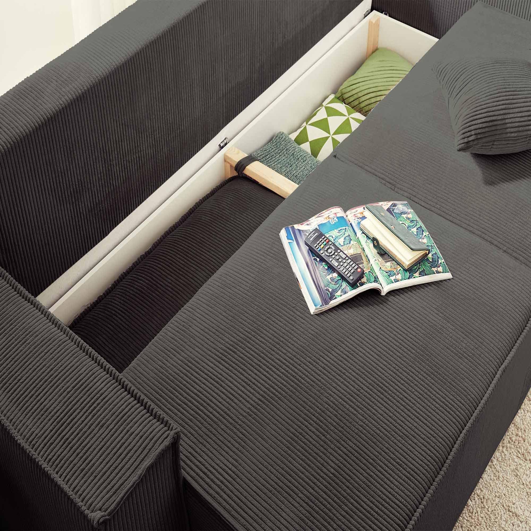 Voir la diapositive 3 : BEST MOBILIER Dellia - canapé 3 places convertible - avec coffre - en velours côtelé - style contemporain