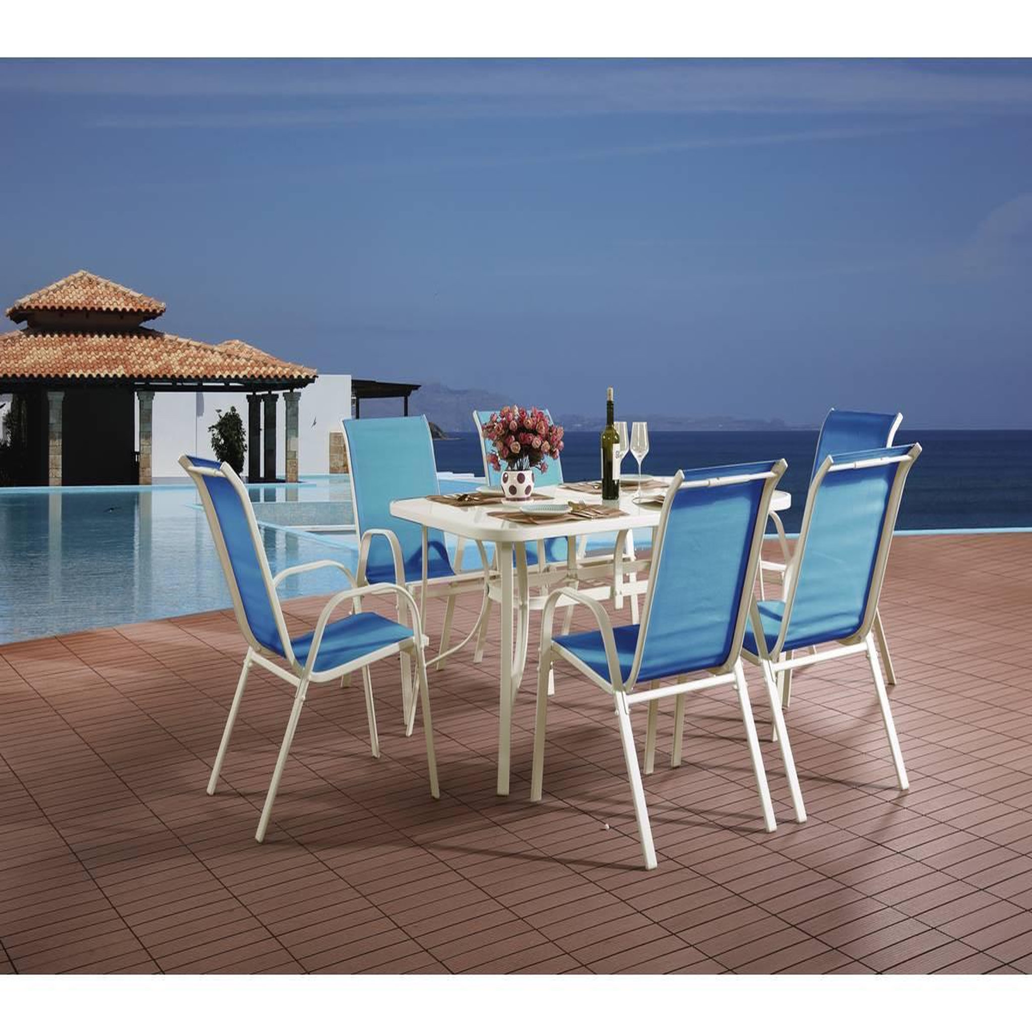Voir la diapositive 2 : Habitat et Jardin Table et chaises de jardin en textilène  cordoba  - phoenix - 6 places - bleu