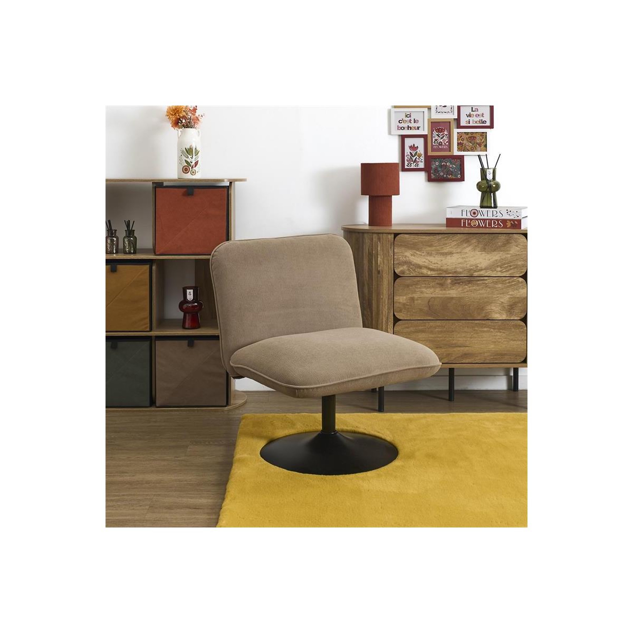 Voir la diapositive 6 : The Home Deco Factory Fauteuil pivotant côtelé  jules  79cm taupe