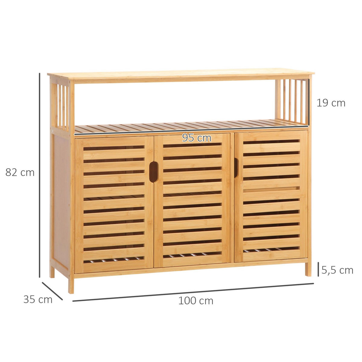 HOMCOM Buffet meuble de rangement bois bambou à lattes style naturel - 3 portes, 4 étagères