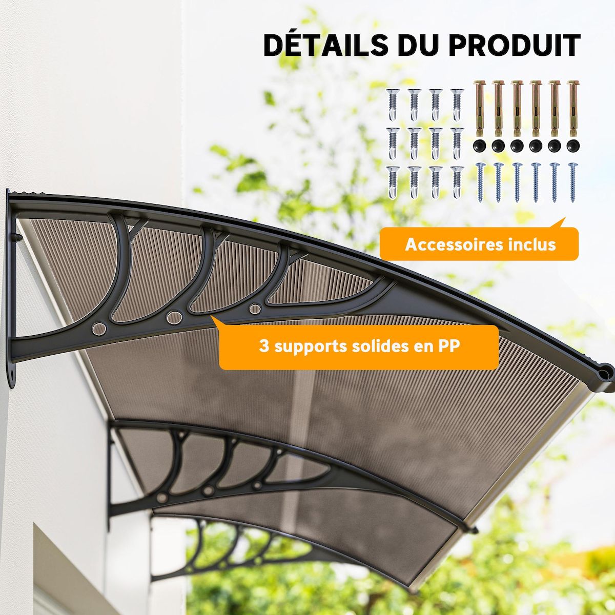 OUTSUNNY Auvent marquise de porte design voûté arrondi dim. 195L x 80l x 23H cm polycarbonate plastique