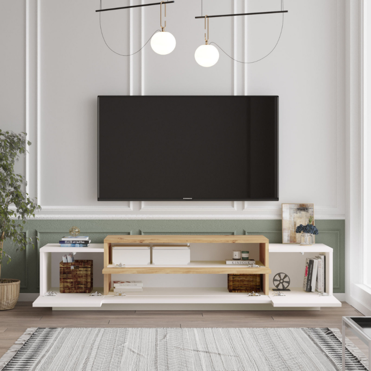 CONCEPT USINE Meuble TV design blanc et bois 160 cm MELO