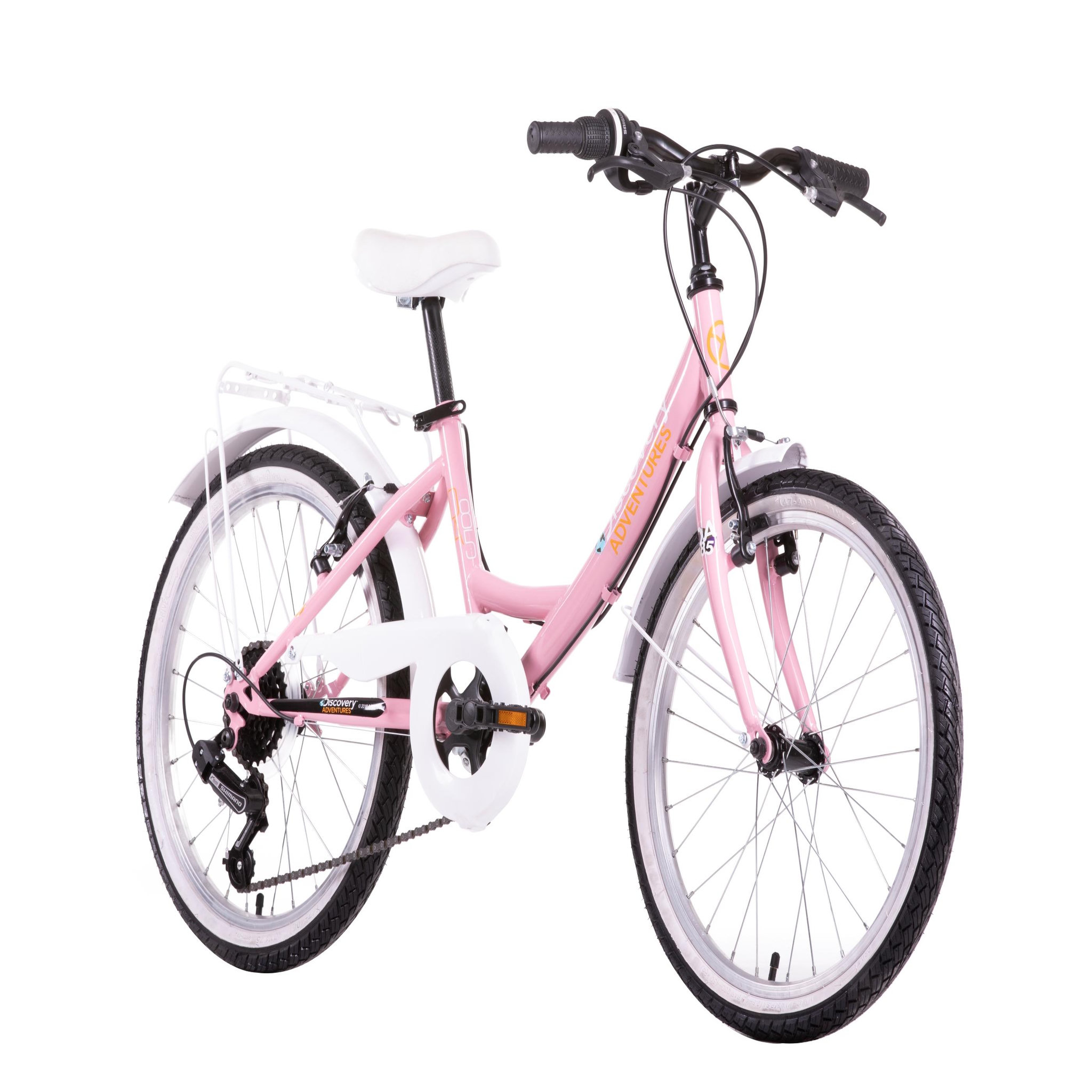 Voir la diapositive 3 : DISCOVERY ADVENTURES Vélo enfant - VTC 20'' Rigide Fille (120/140 cm) acier  Discovery Adventures - Fourche rigide - 6 vitesses - Dérailleur Shimano Ty21 - Freins V-Brake