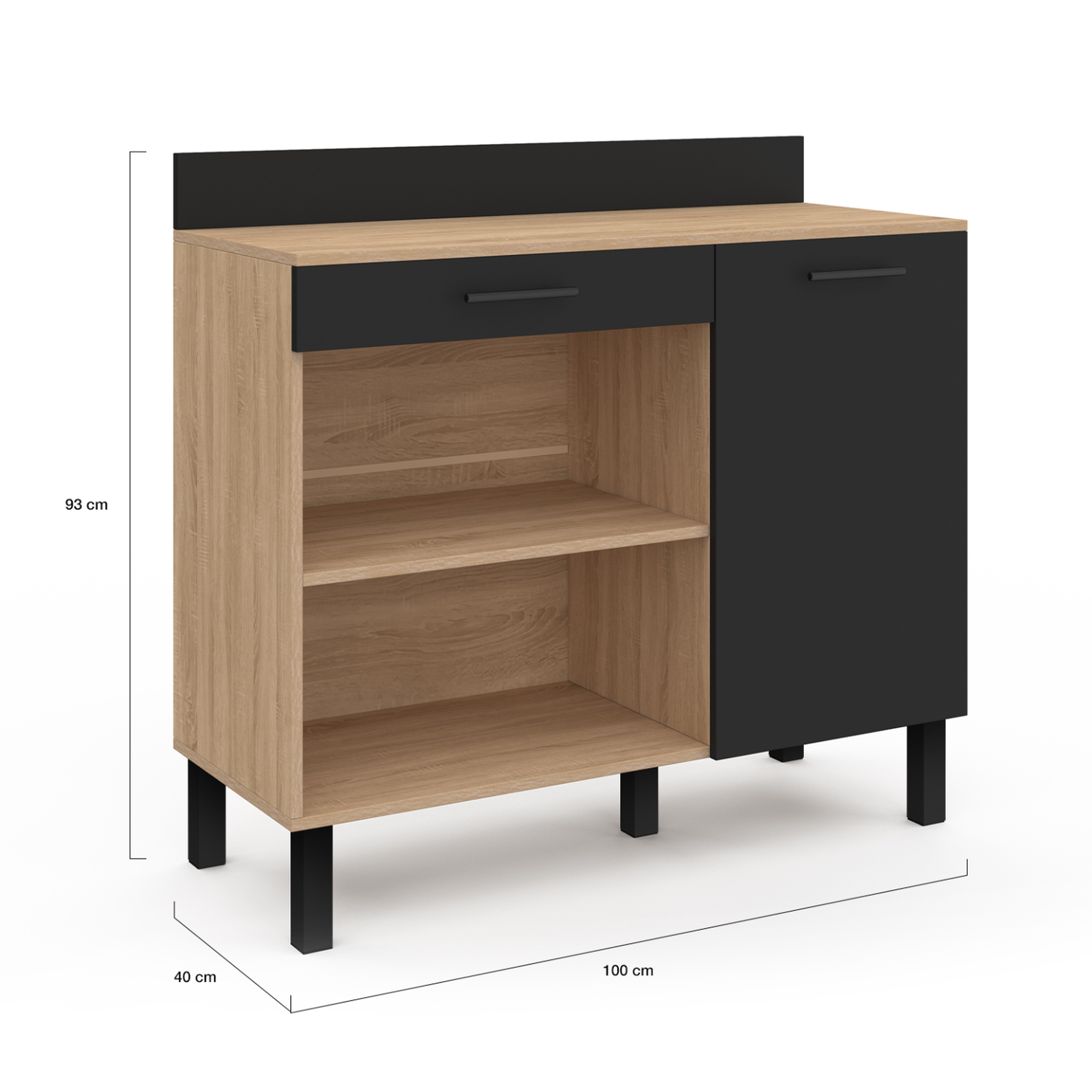 Voir la diapositive 5 : ID MARKET Buffet bas de cuisine 100 cm cina plan de travail h.83 cm 1 porte + 1 tiroir façon hêtre et noir