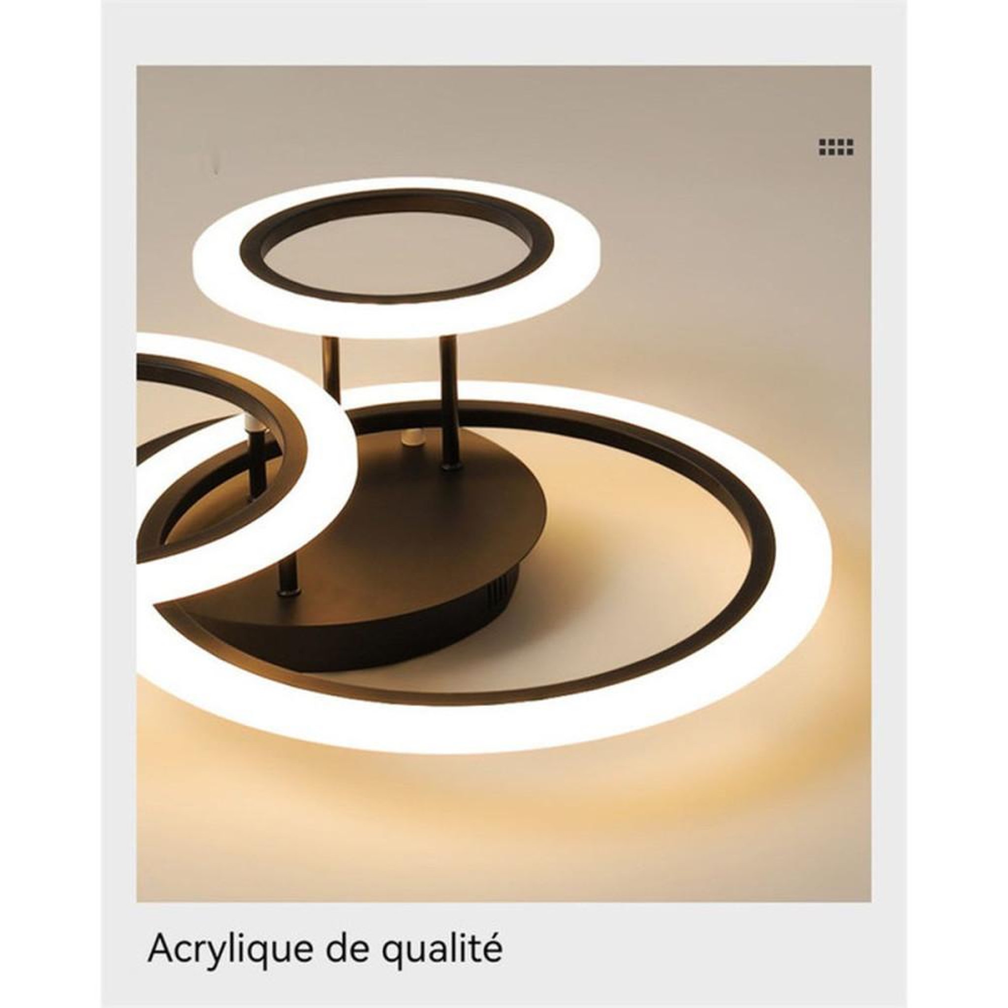Voir la diapositive 4 : Plafonnier LED 3 anneaux circulaires dimmable 45 W 55 cm lumière CCT 2700-6500 K, métal noir mat et diffuseur acrylique