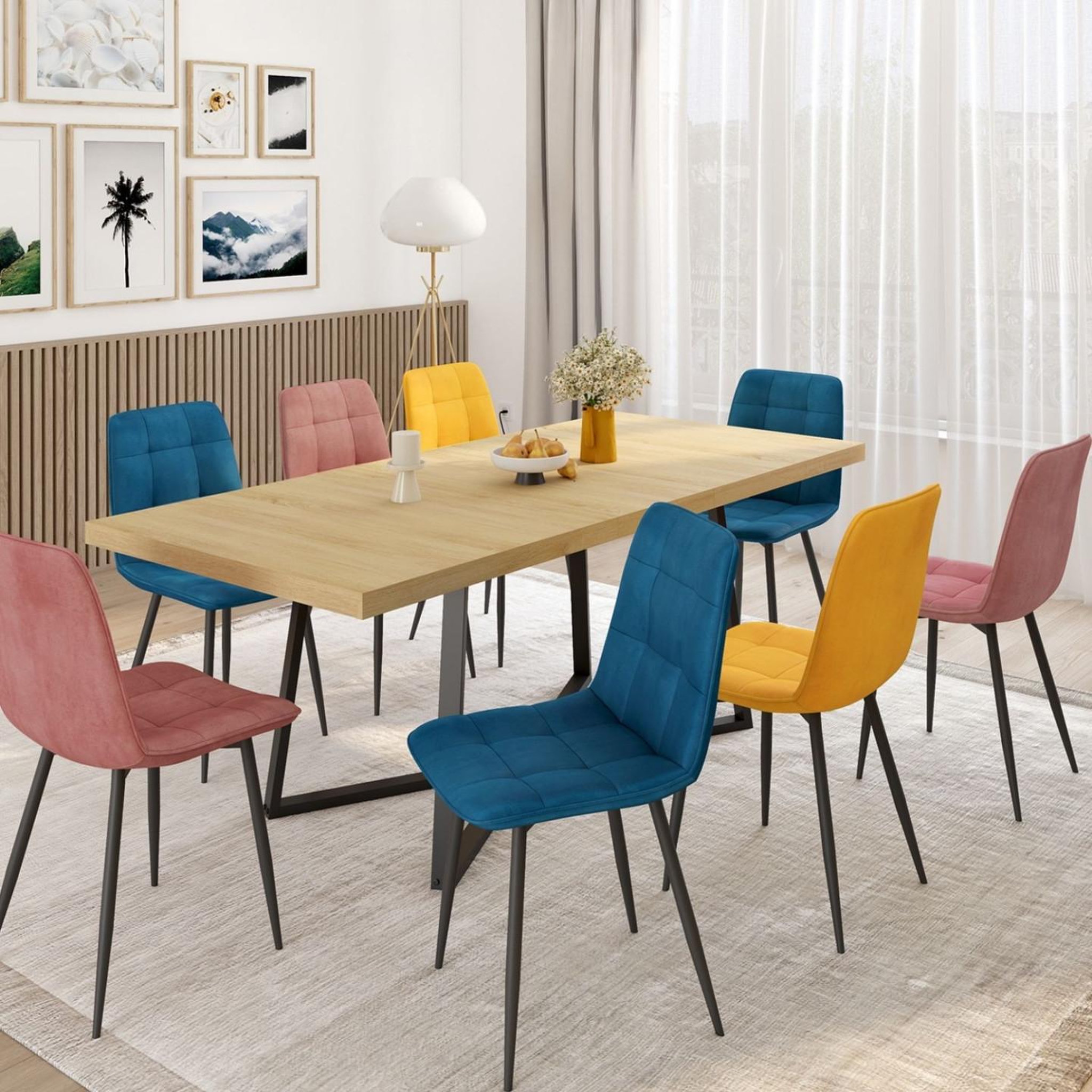 Voir la diapositive 2 : ID MARKET Lot de 8 chaises mila en velours mix color bleu x3, rose x3, jaune ocre x2