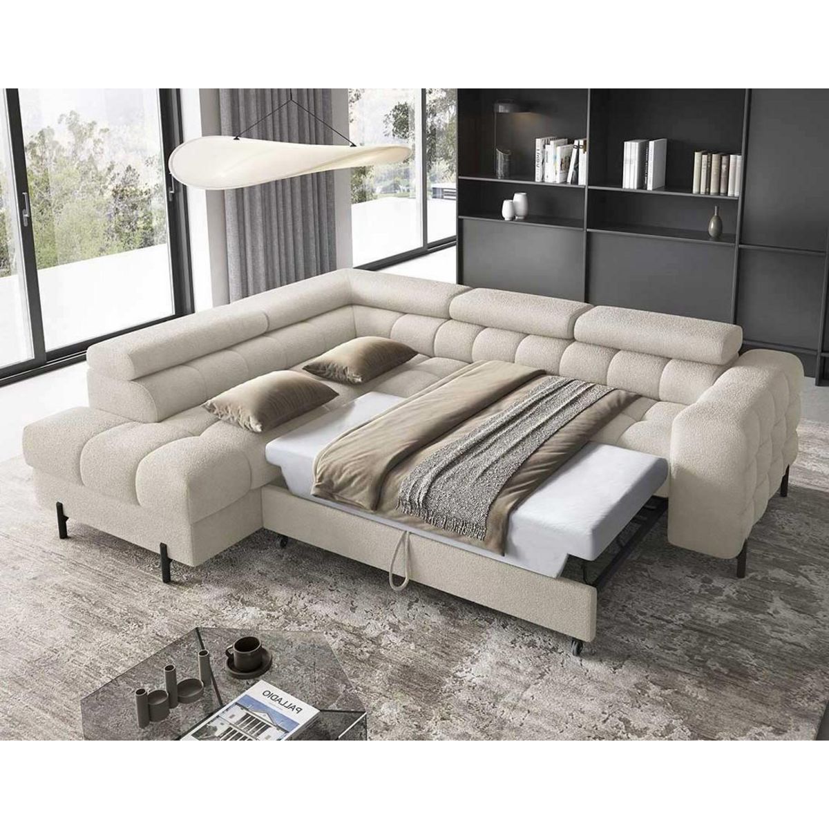 BEST MOBILIER Elisa - canapé d'angle gauche 5 places convertible avec coffre et têtières réglables en tissu bouclette