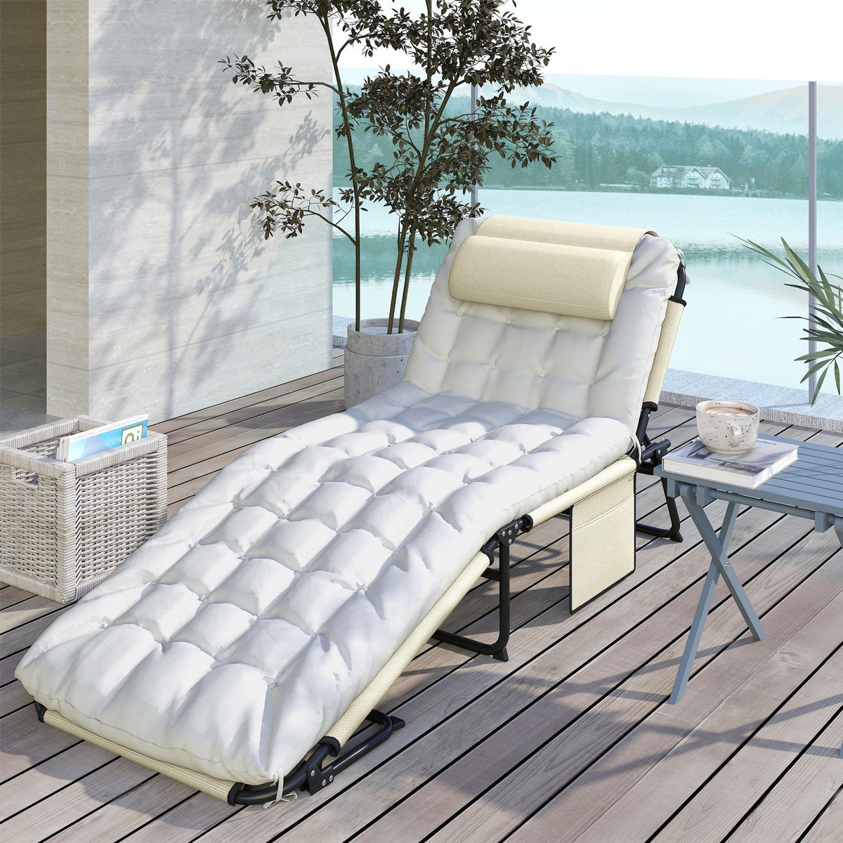OUTSUNNY Bain de soleil pliable - dossier inclinable 4 positions - tétière, matelas épais - beige
