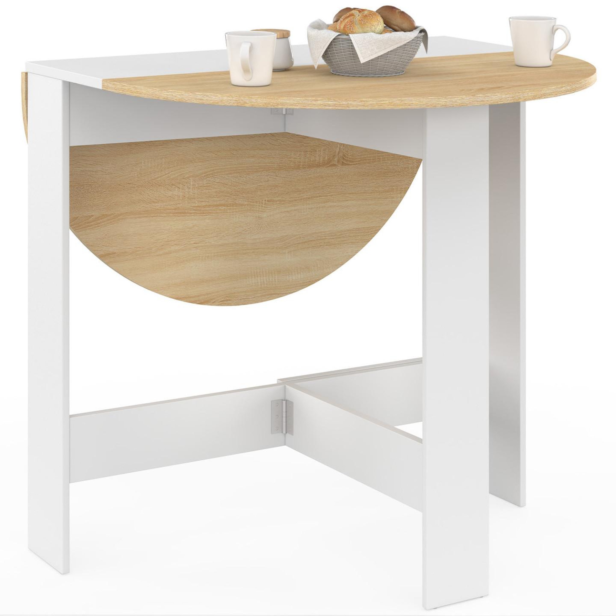 Voir la diapositive 4 : ID MARKET Table console pliable ronde edi 2-4 personnes bois blanc plateau façon hêtre 103 x 76 cm