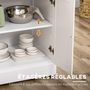 Voir la diapositive 5 : HOMCOM Îlot de cuisine desserte à roulettes - 2 tiroirs, 3 portes, porte-serviette, porte-épices - dim. 110L x 45l x 91H cm - blanc bois