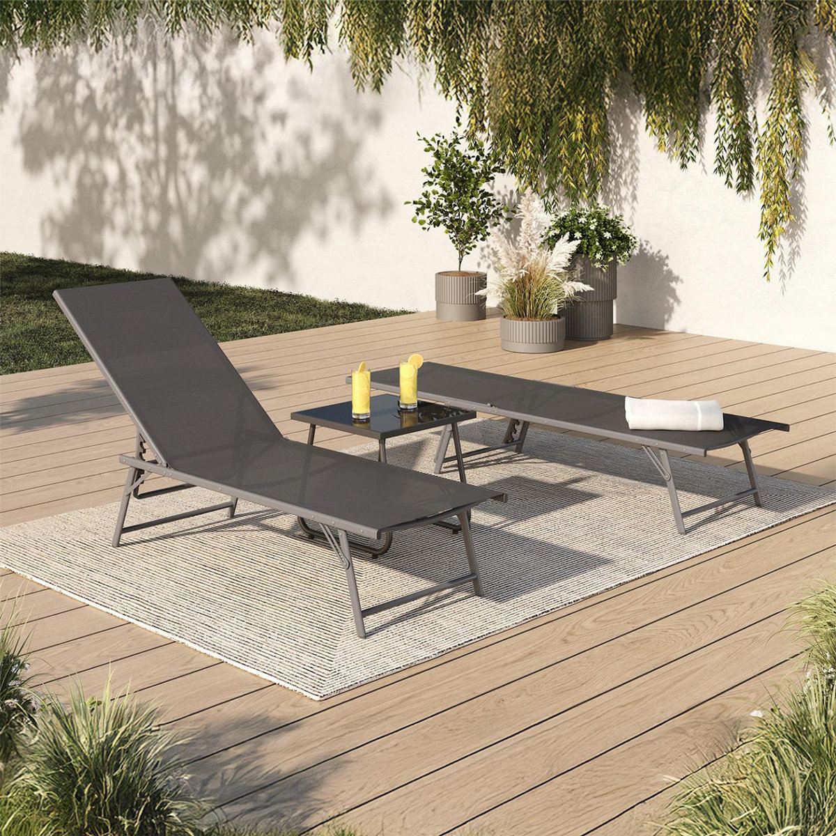 ID MARKET Lot de 2 transats de jardin inclinables KAILUA en acier gris anthracite et toile grise