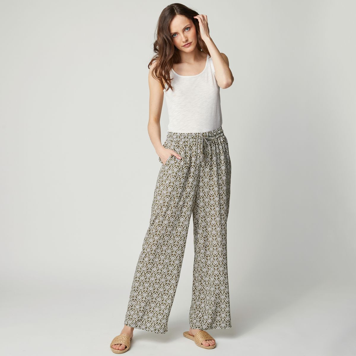 INEXTENSO Pantalon viscose large vert femme