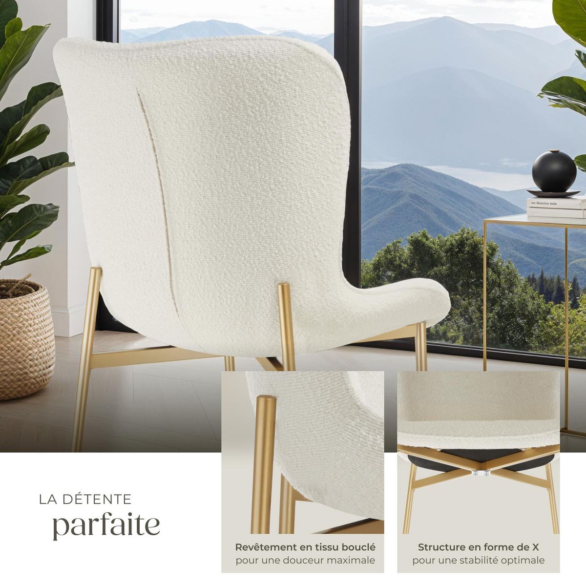 tectake Chaise rembourrée forme ergonomique avec dossier haut Bouclette blanc/doré