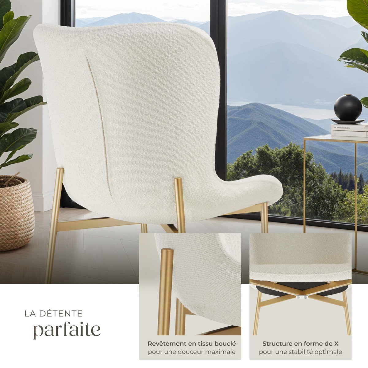 tectake Chaise rembourrée forme ergonomique avec dossier haut Bouclette blanc/doré