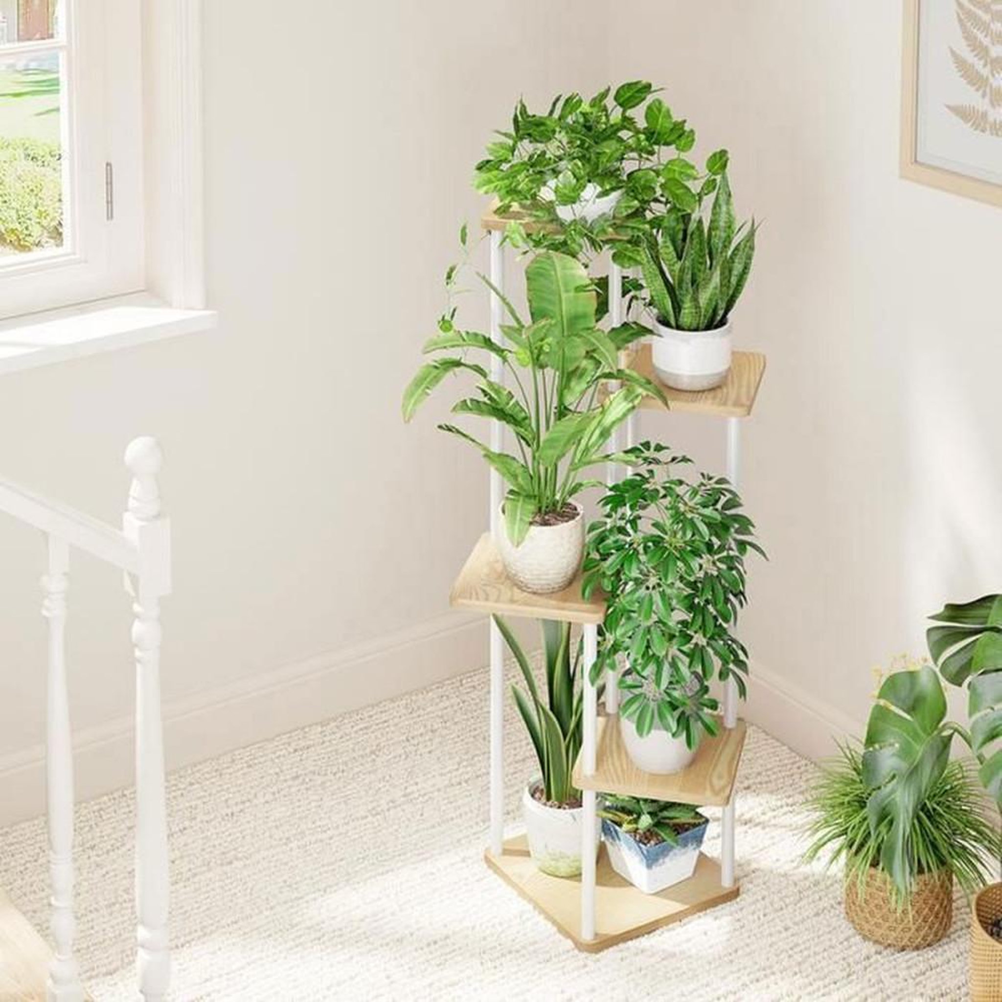 Voir la diapositive 4 : Présentoir à plantes 5 niveaux blanc en métal et bois, étagère d'intérieur pour jusqu'à 5 pots