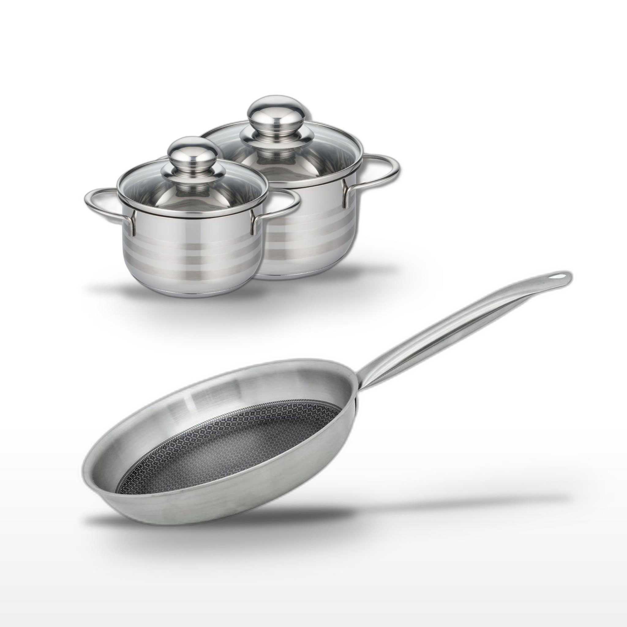 ELO Batterie de cuisine avec 1 poêle de cuisson 28 cm et 2 faitouts 16/14 cm en inox sans pfas elo collection relief solution brillant
