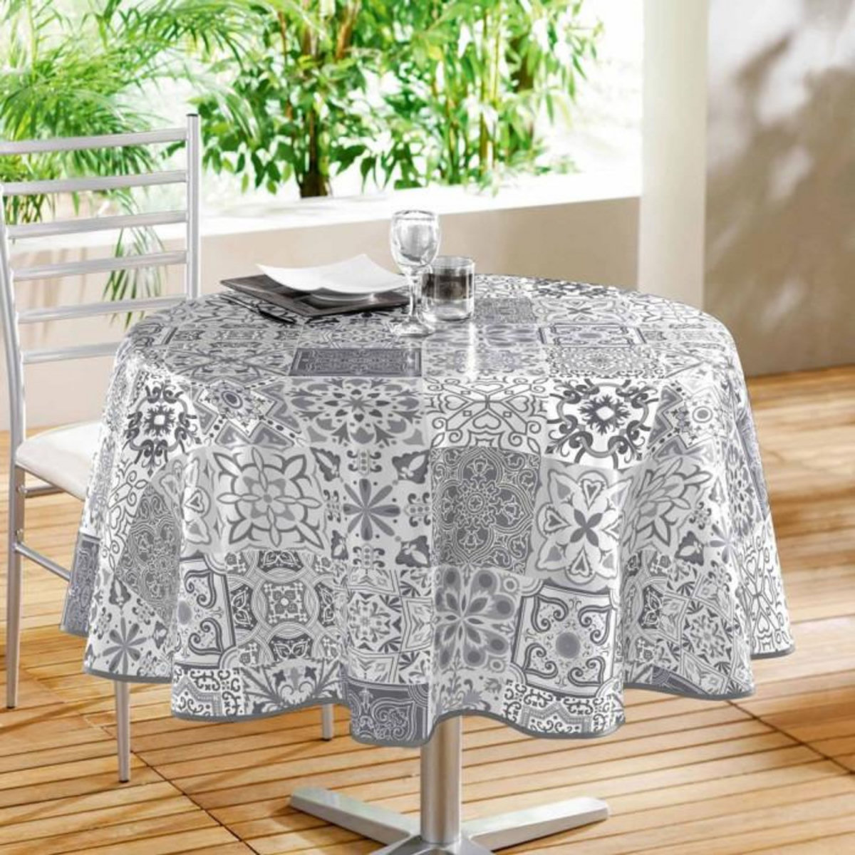 Paris Prix Nappe Ronde Toile Cirée  Persane  160cm Gris