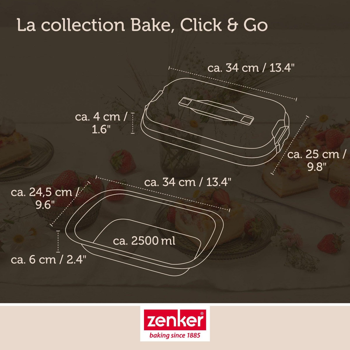 ZENKER Ensemble de 2 Moules à gâteaux rectangulaire avec couvercle de transport 34 x 24 cm Zenker Bake Click and Go
