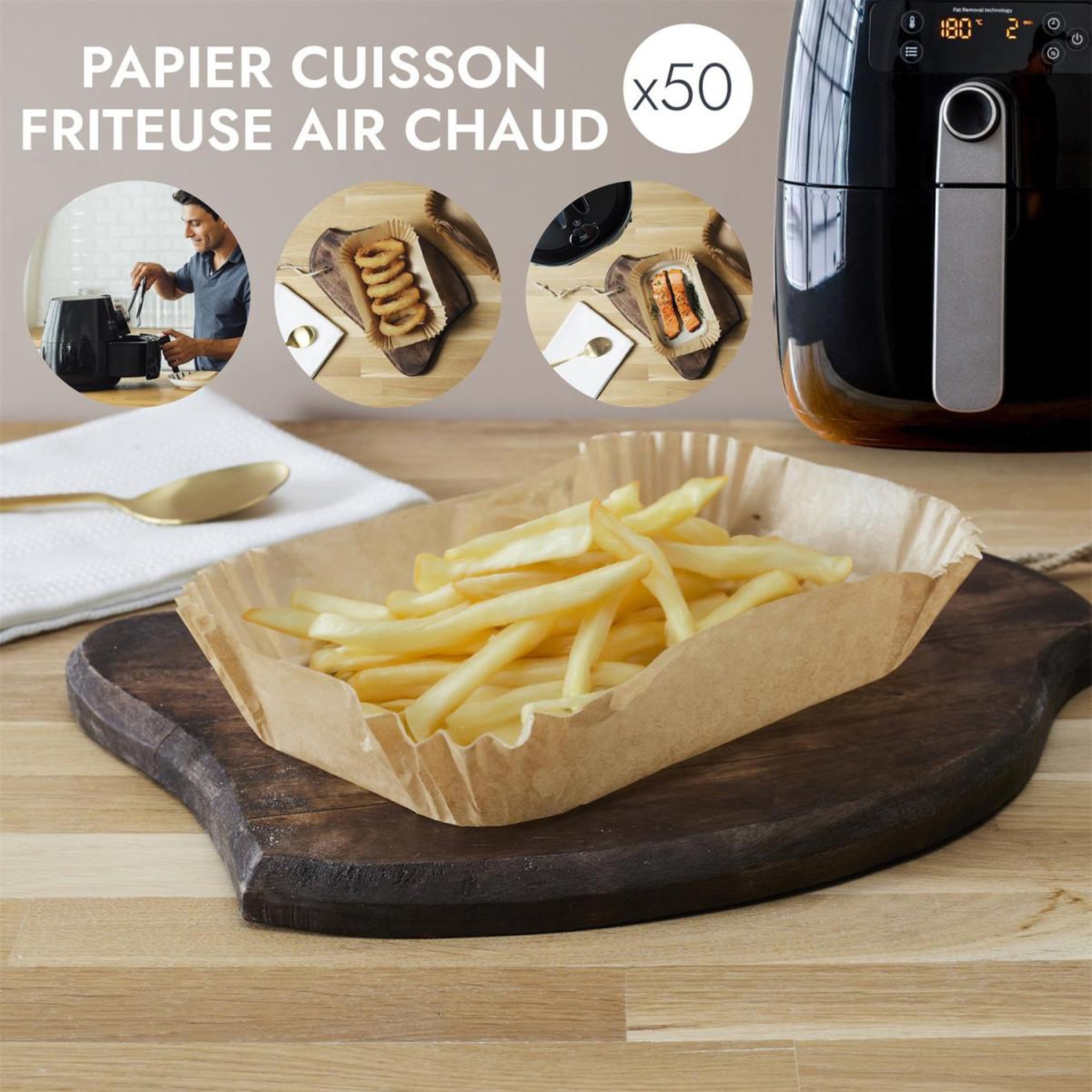 Voir la diapositive 4 : COOK CONCEPT Lot de 50 feuilles de papier cuisson  friteuse à air  20cm marron