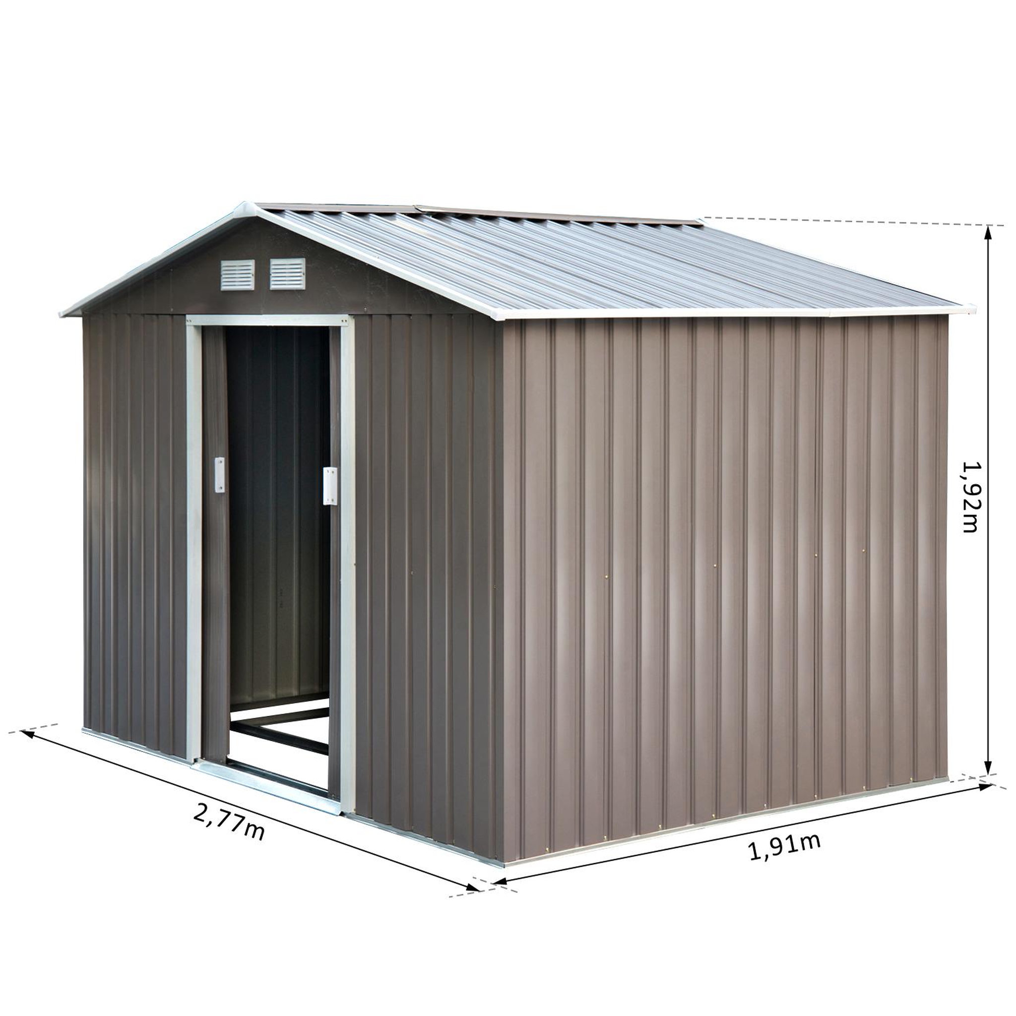 Voir la diapositive 3 : OUTSUNNY Abri de jardin - remise pour outils - cabanon double porte coulissante - fondation incluse - dim. 277L x 191l x 192H cm - tôle d'acier ondulée grise