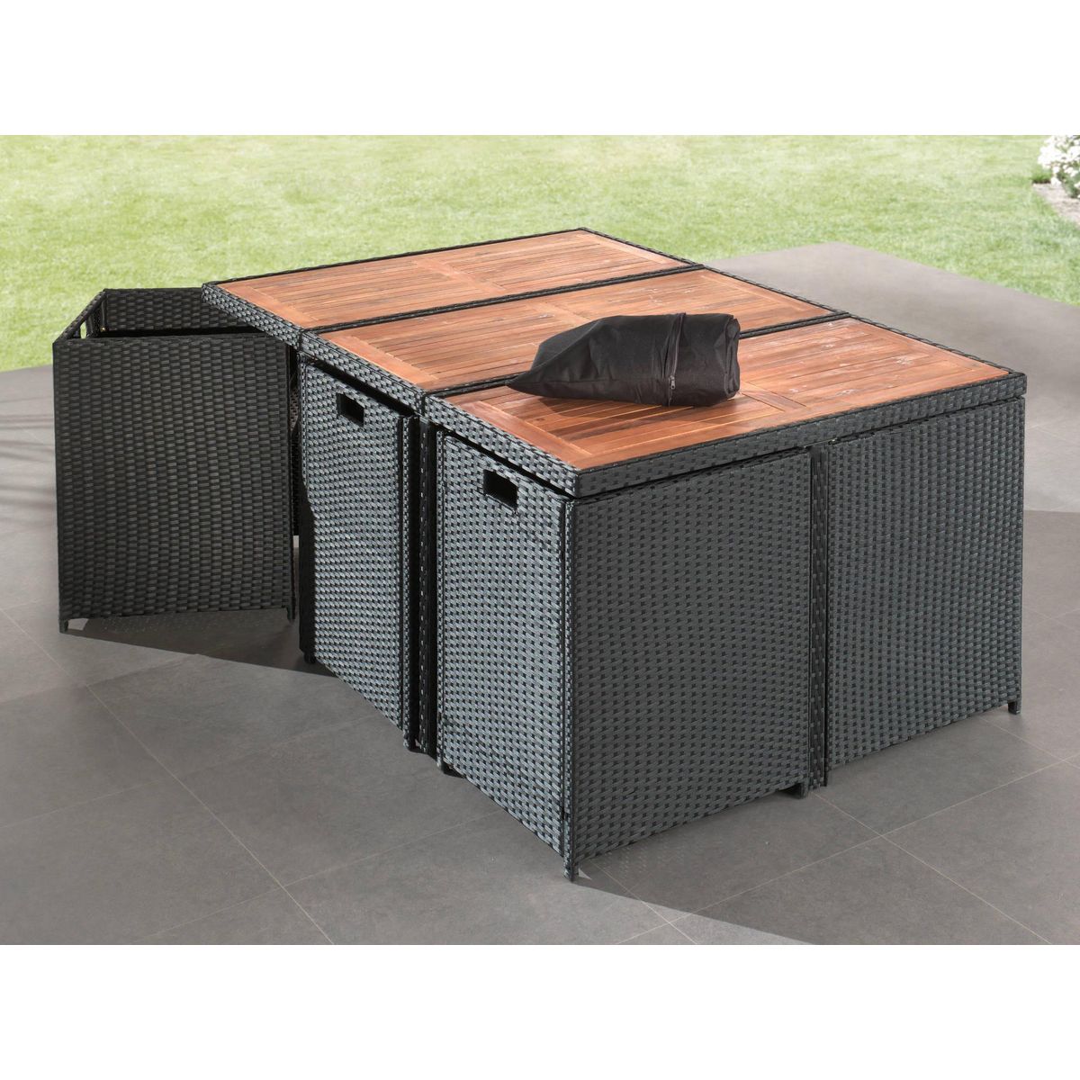 BEST MOBILIER Cuba - salon de jardin encastrable 10 places - en résine tressée - noir avec coussins gris + housse de protection