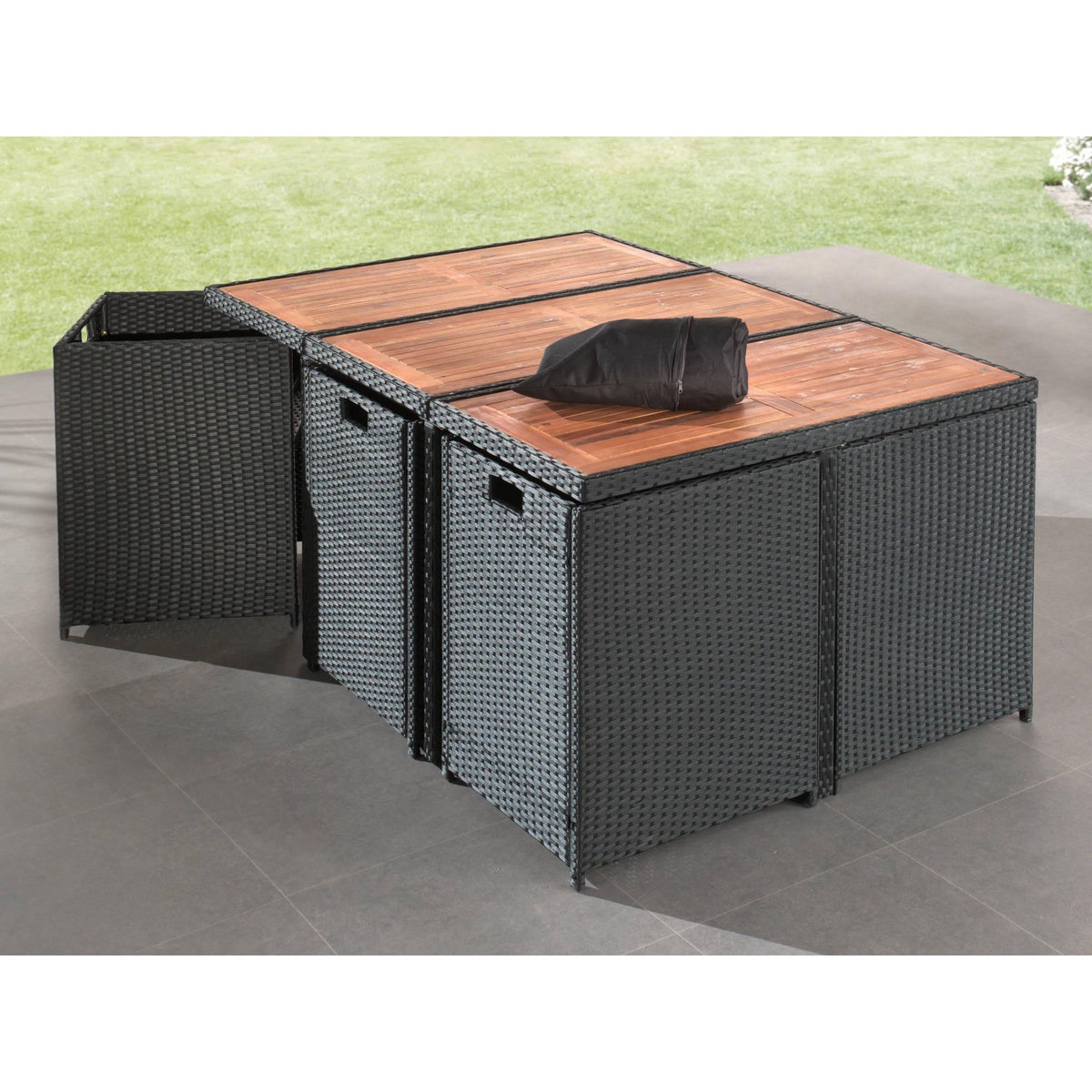 BEST MOBILIER Cuba - salon de jardin encastrable 10 places - en résine tressée - noir avec coussins gris + housse de protection