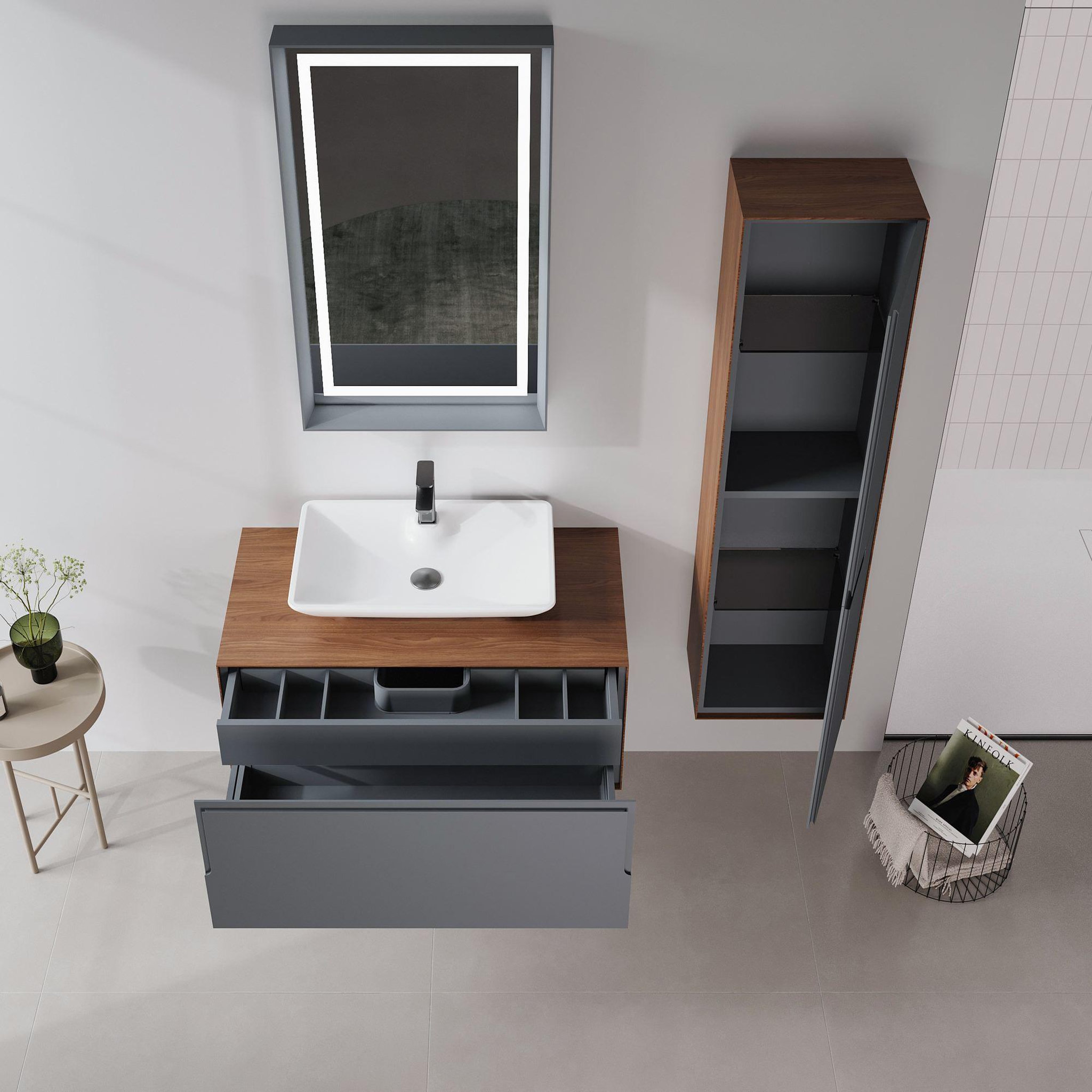 Voir la diapositive 3 : Habitat et Jardin Meuble avec simple vasque et miroir  Craft 100  - 100 x 50 x 40 cm - Walnut / Anthracite / White