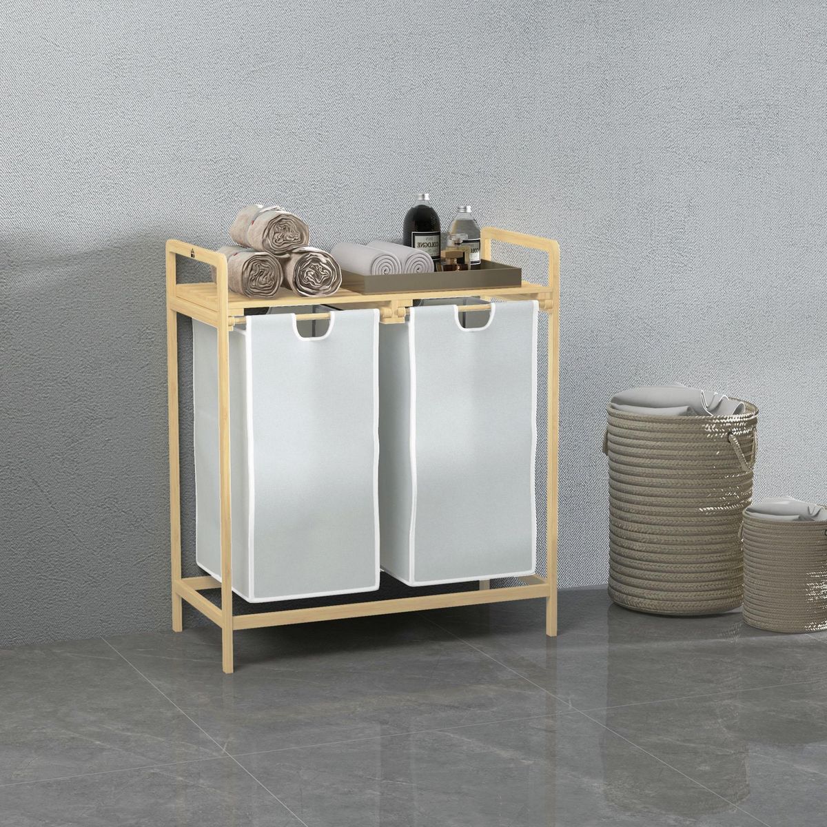 HOMCOM Panier à linge corbeille à linge bambou 2 paniers amovibles crème