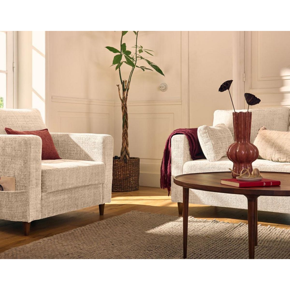 LISA DESIGN Anna - fauteuil avec poche en velours texturé - pieds en bois