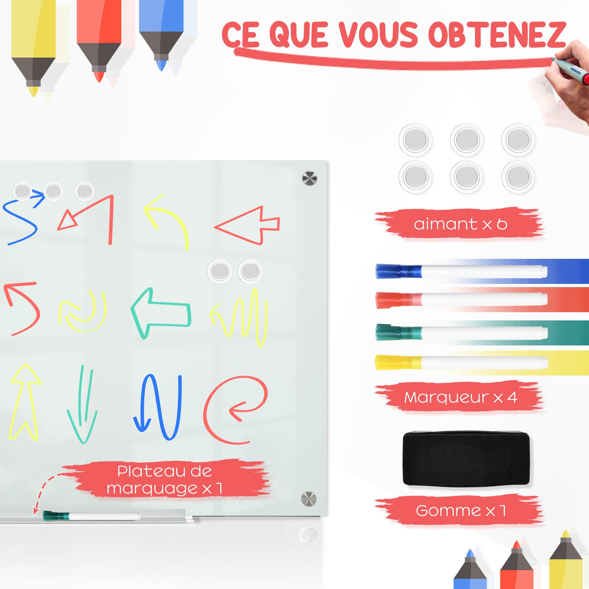 Voir la diapositive 5 : VINSETTO Tableau magnétique en verre dim. 90l x 60l cm - gouttière alu, matériel de fixation et accessoires inclus - blanc mat