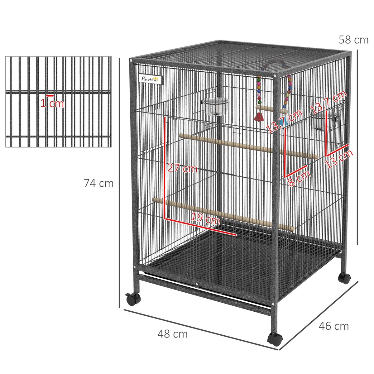 PAWHUT Cage à oiseaux sur roulettes - volière mobile - nombreux accessoires - dim. 48x46x74cm - acier époxy gris noir