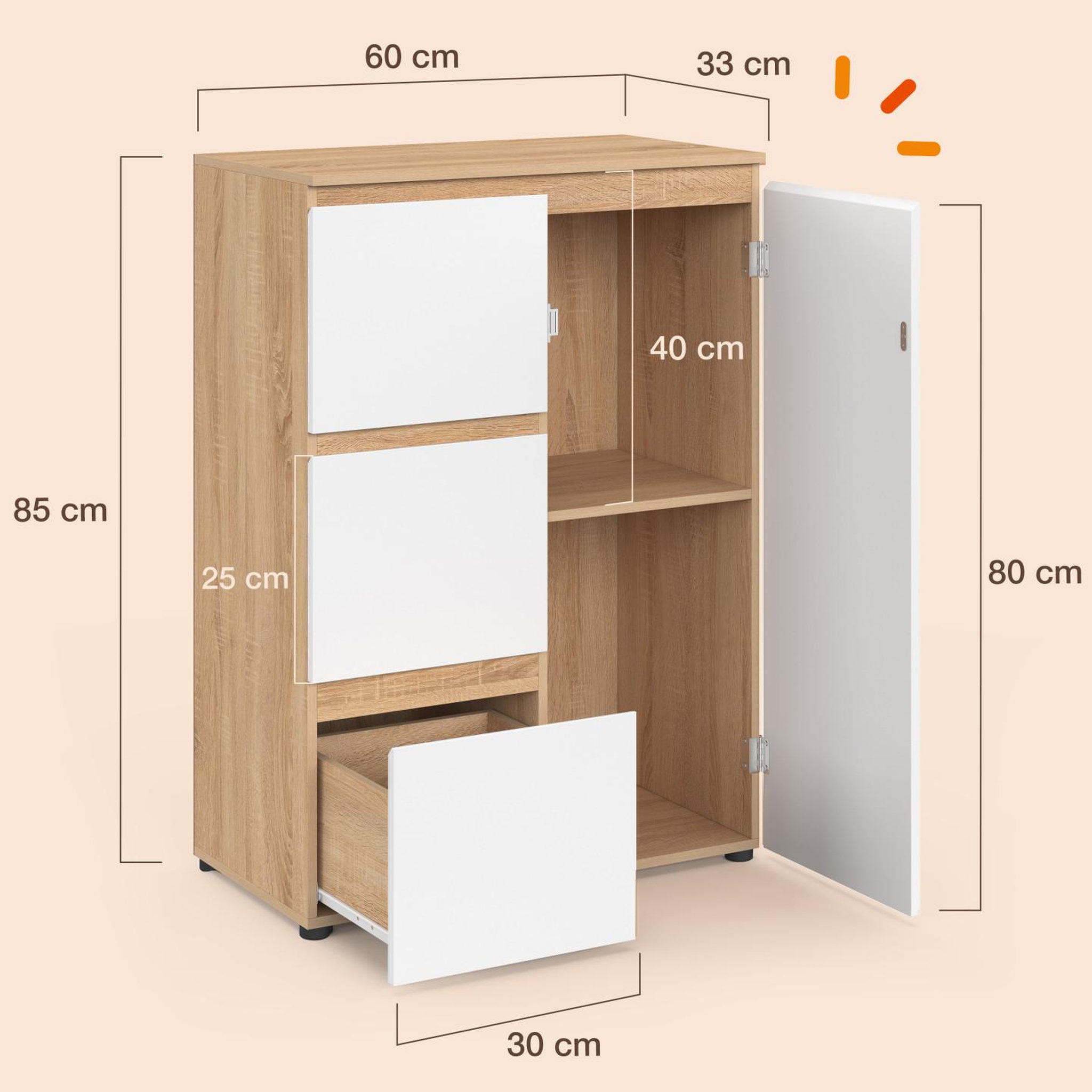 Voir la diapositive 5 : ID MARKET Meuble de rangement salle de bain tomi 3 tiroirs avec placard façon hêtre et blanc