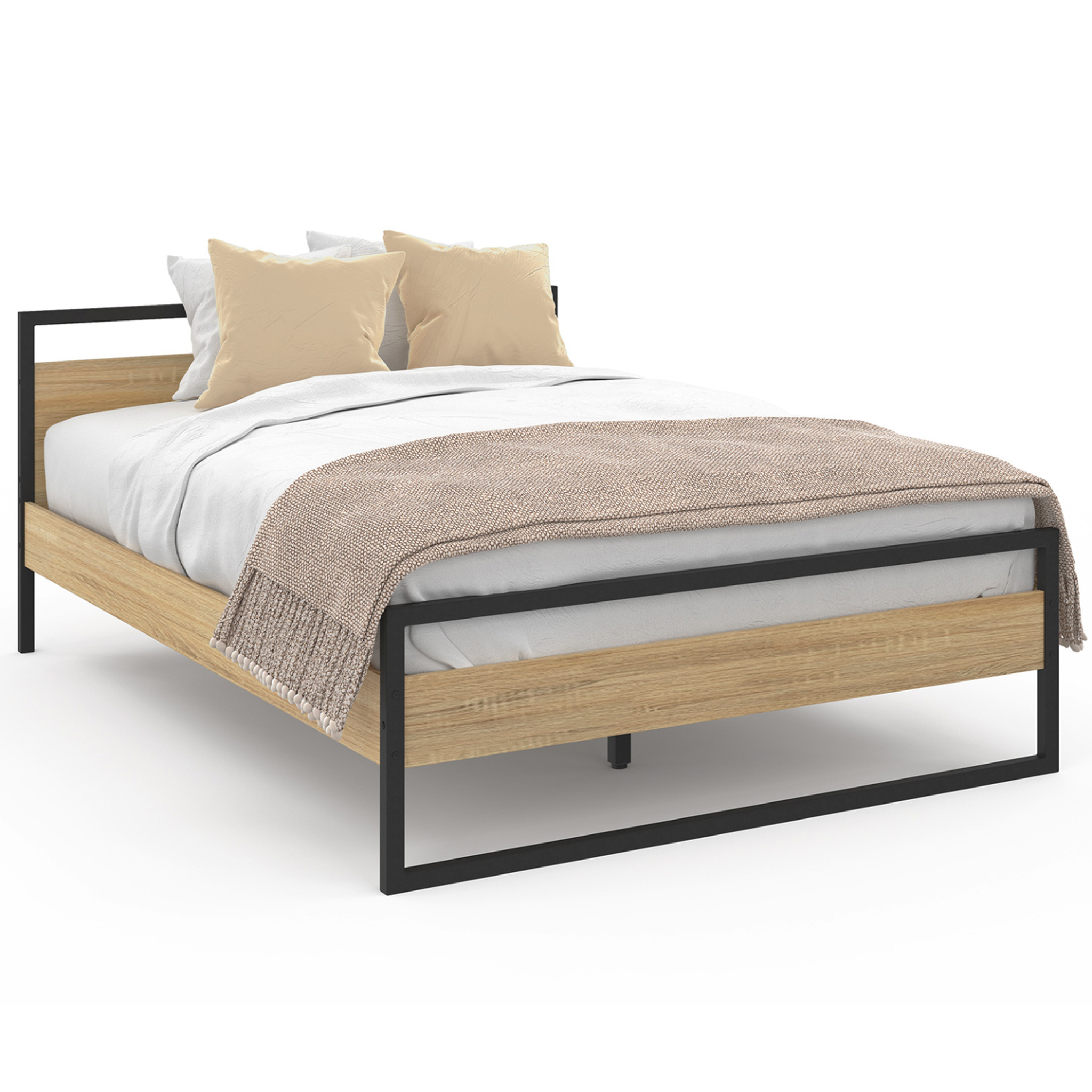 ID MARKET Lit double industriel detroit avec tête de lit et sommier 140 x 190 cm bois et métal noir